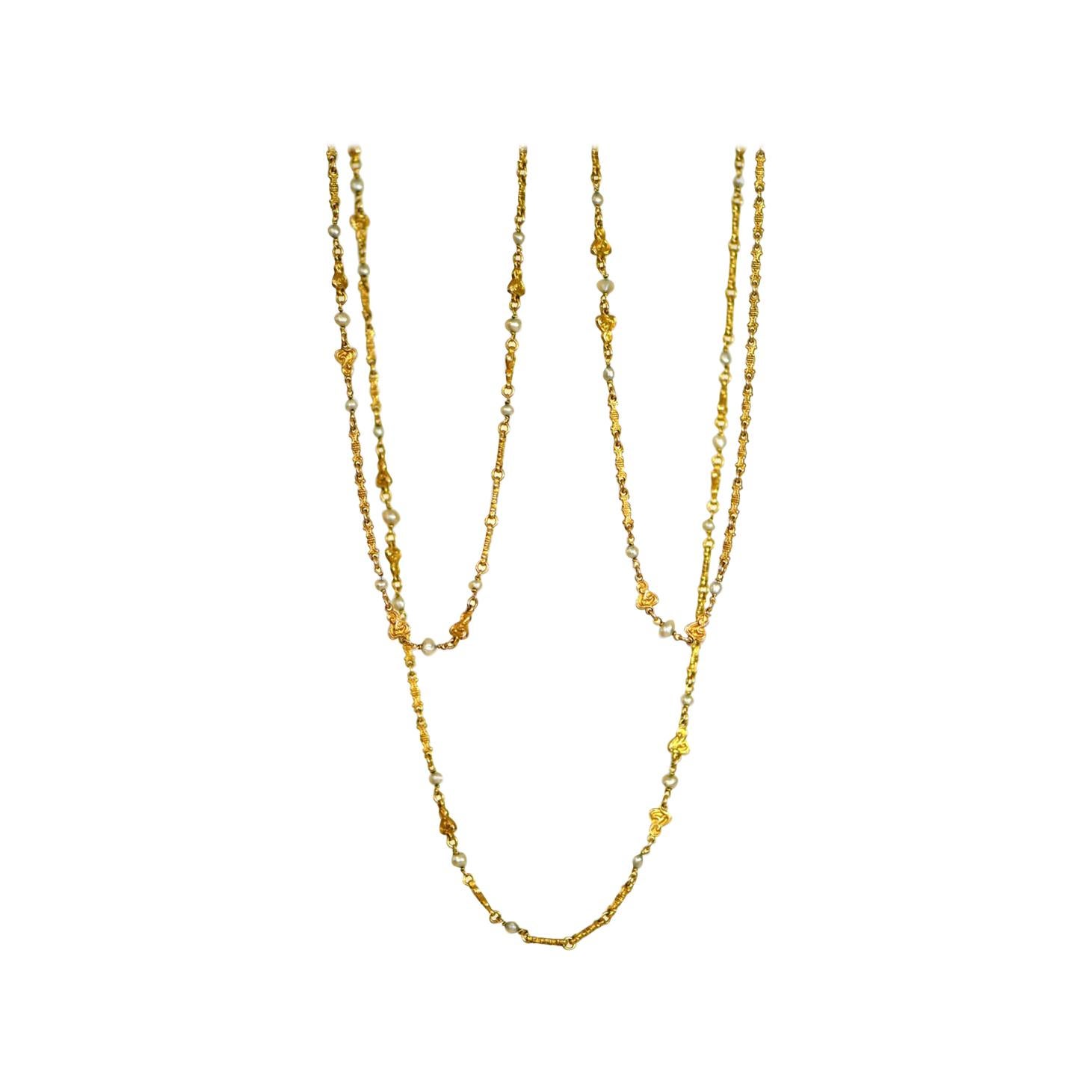 Art Nouveau French Gold Natural Pearl Long Chain, circa 1900