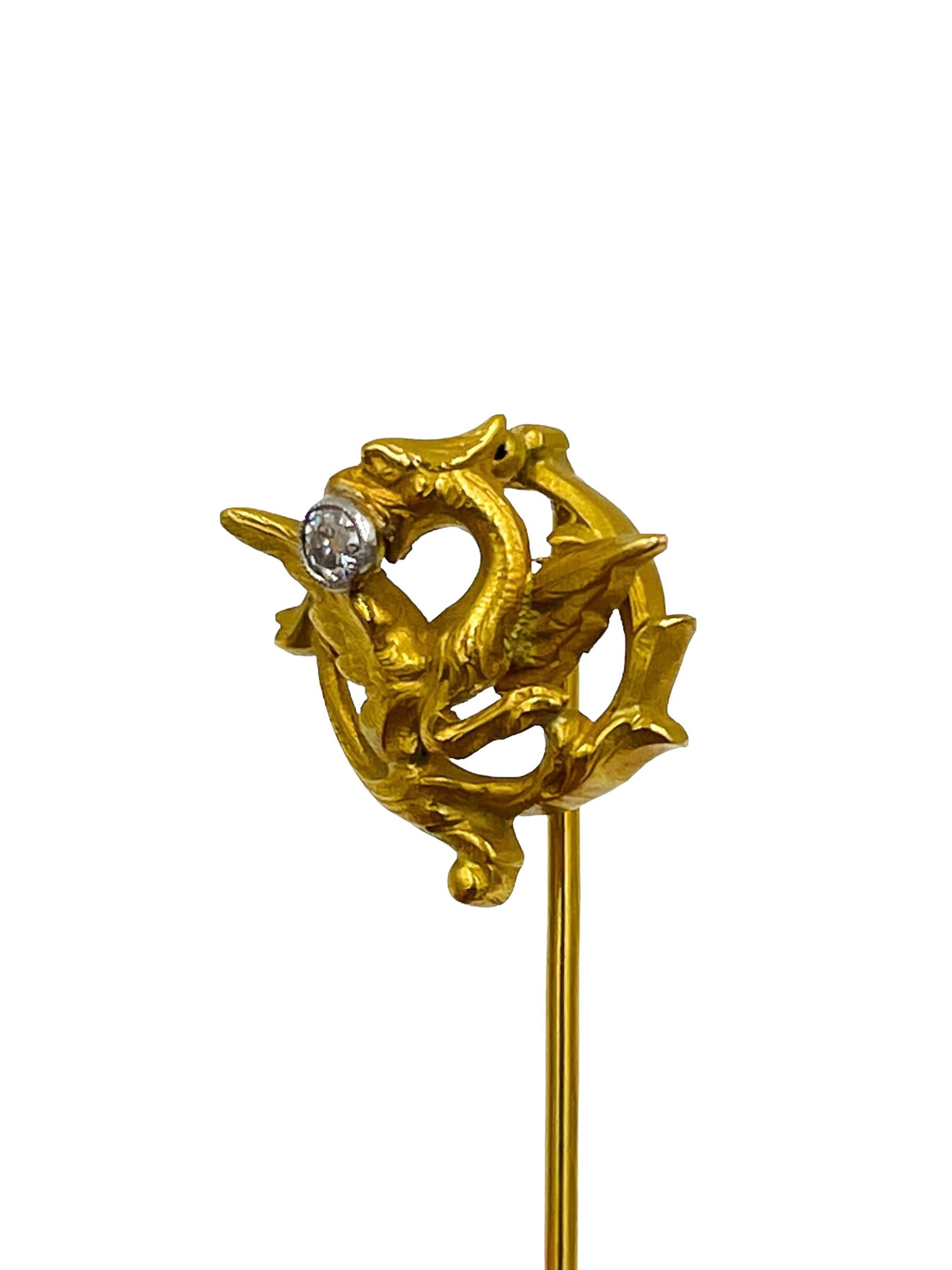 Art Nouveau French Griffin 18k yellow gold diamond stickpin, circa 1905.  
 5/8” long by 5/8” plus wide.   2.7 grams 
