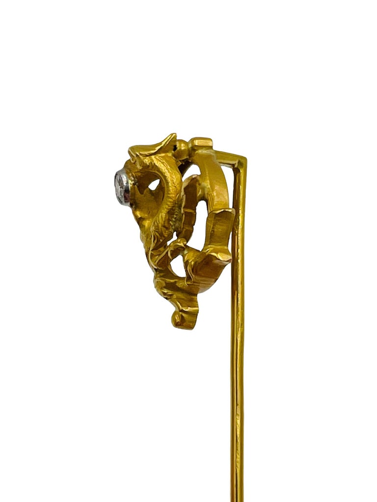Art Nouveau French Griffin Yellow Gold Diamond Stickpin For Sale at 1stDibs