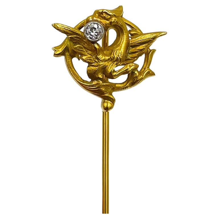 Art Nouveau French Griffin Yellow Gold Diamond Stickpin For Sale at 1stDibs