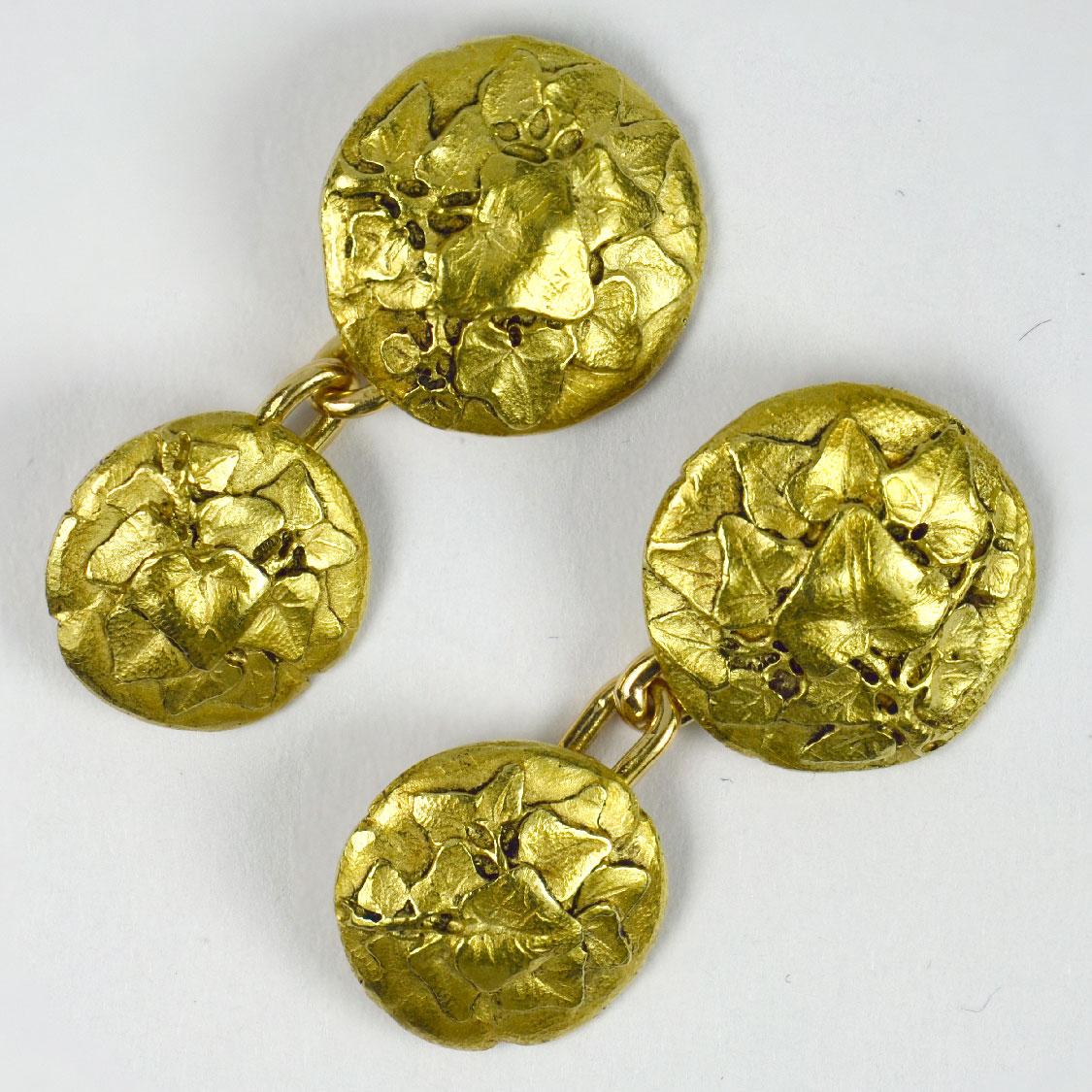Men's Art Nouveau French Ivy Leaves 18K Yellow Gold Cufflinks