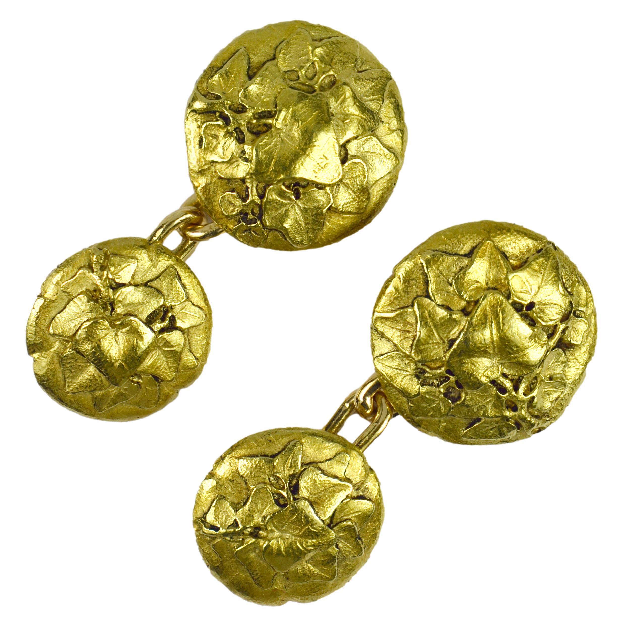 Art Nouveau French Ivy Leaves 18K Yellow Gold Cufflinks