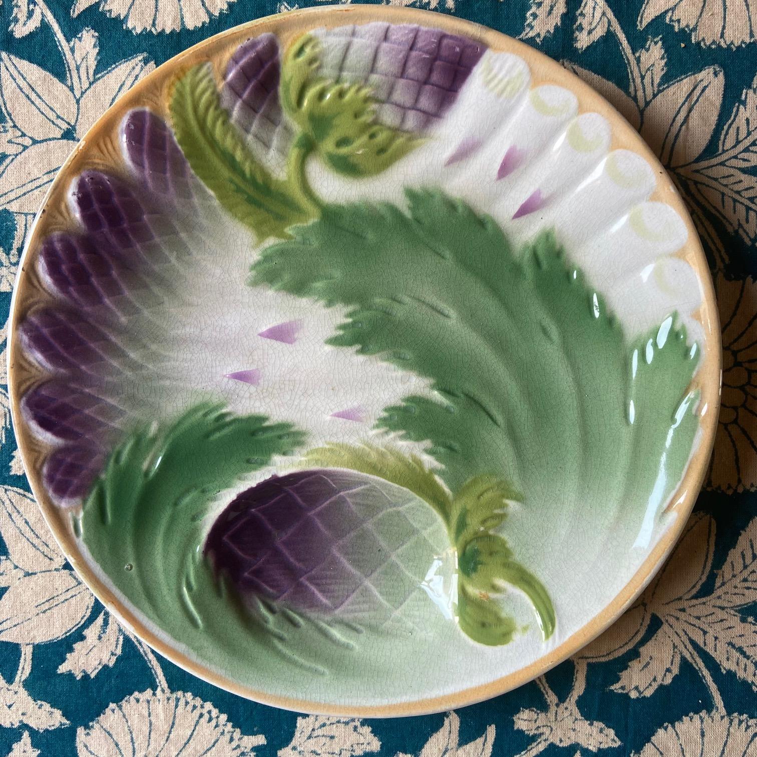 Französische Jugendstil-Majolika-Spargelteller Saint Amand, 1920er Jahre, 5er-Set (Keramik) im Angebot