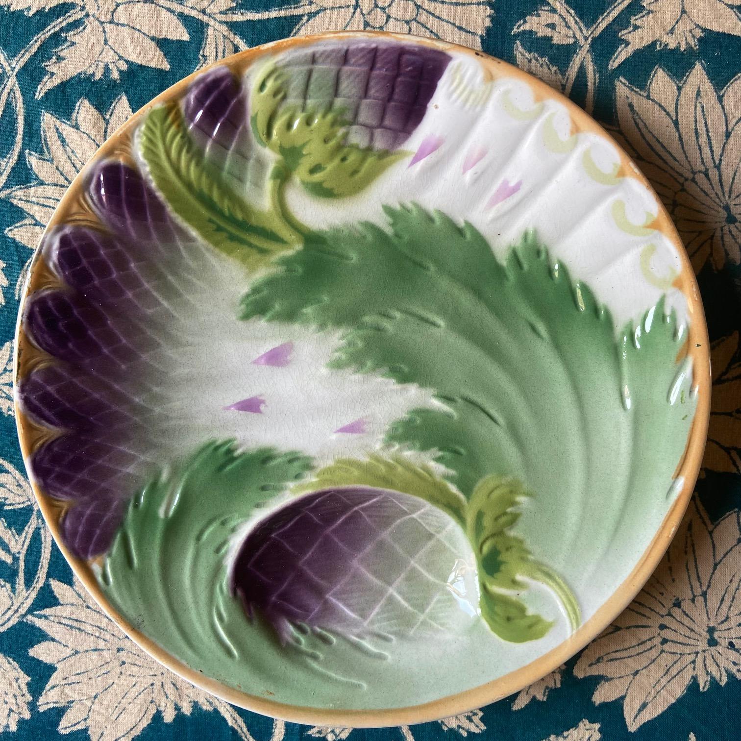 Französische Jugendstil-Majolika-Spargelteller Saint Amand, 1920er Jahre, 5er-Set im Angebot 1