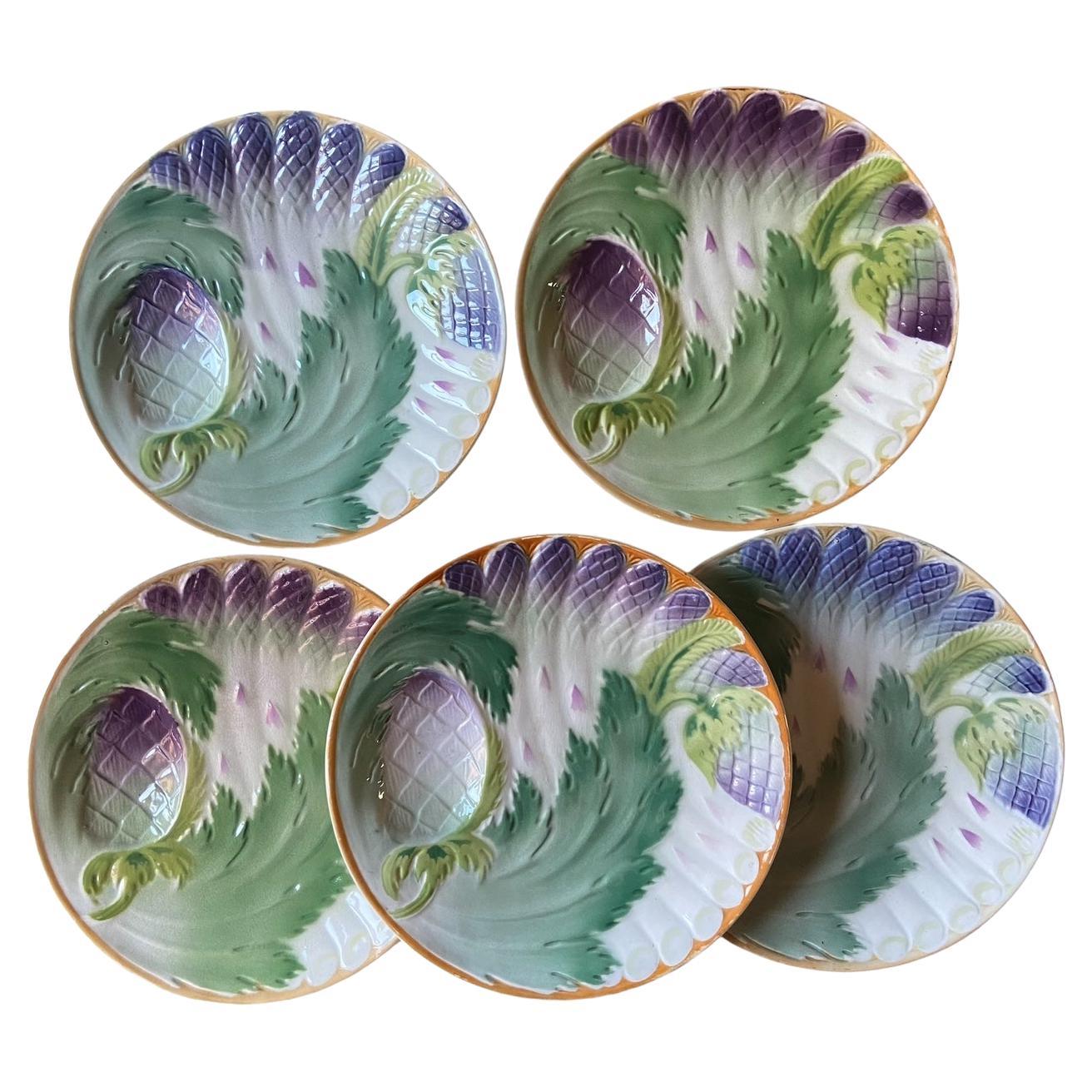Assiettes à asperges en majolique française Art Nouveau Saint Amand, années 1920, lot de 5