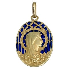 Art Nouveau French Mazzoni 18 Karat Gold Blue Enamel Virgin Mary Medal Pendant