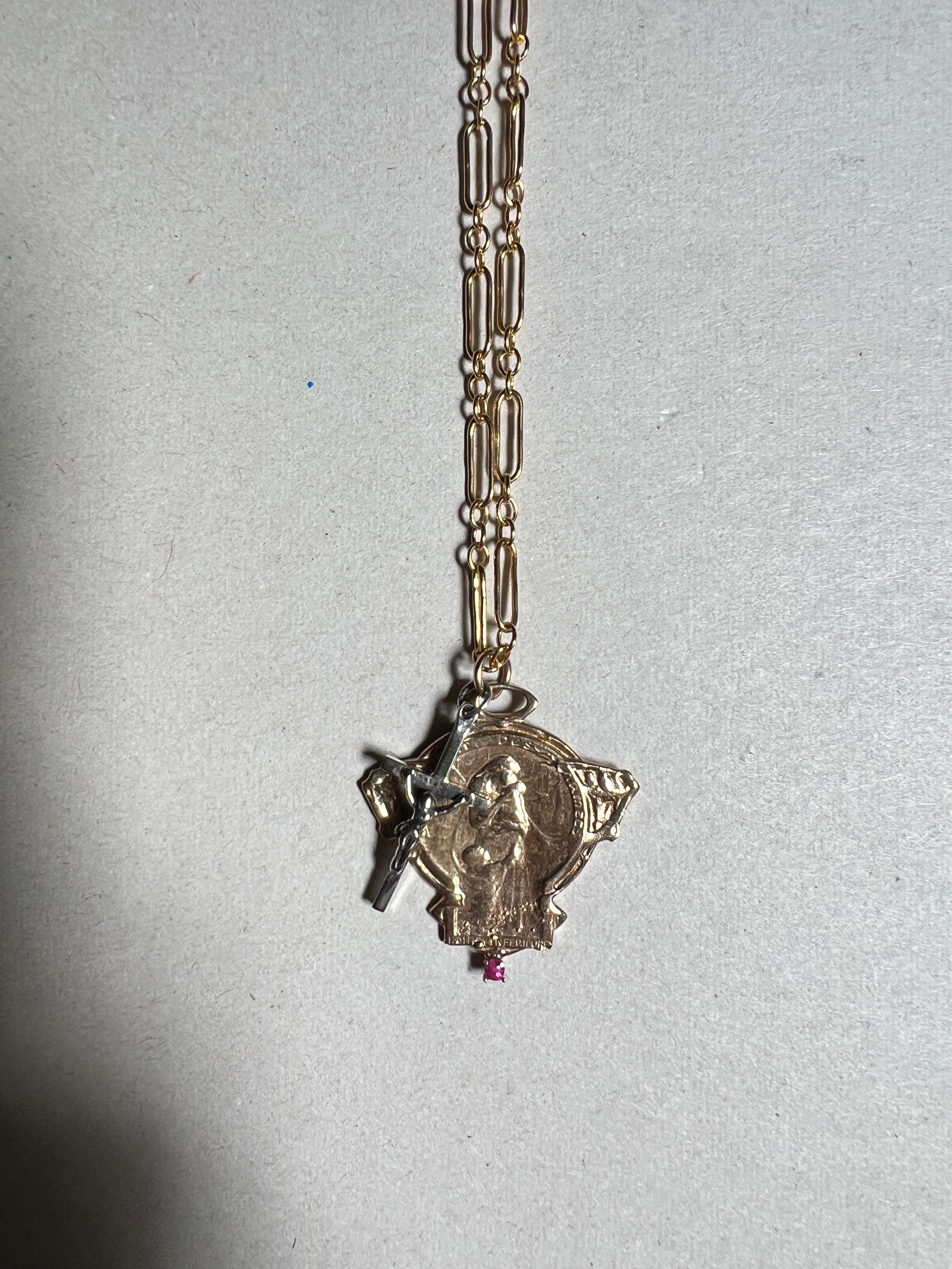 Art Nouveau French Medal Ruby Chain Necklace Silver Cross J Dauphin For Sale 4