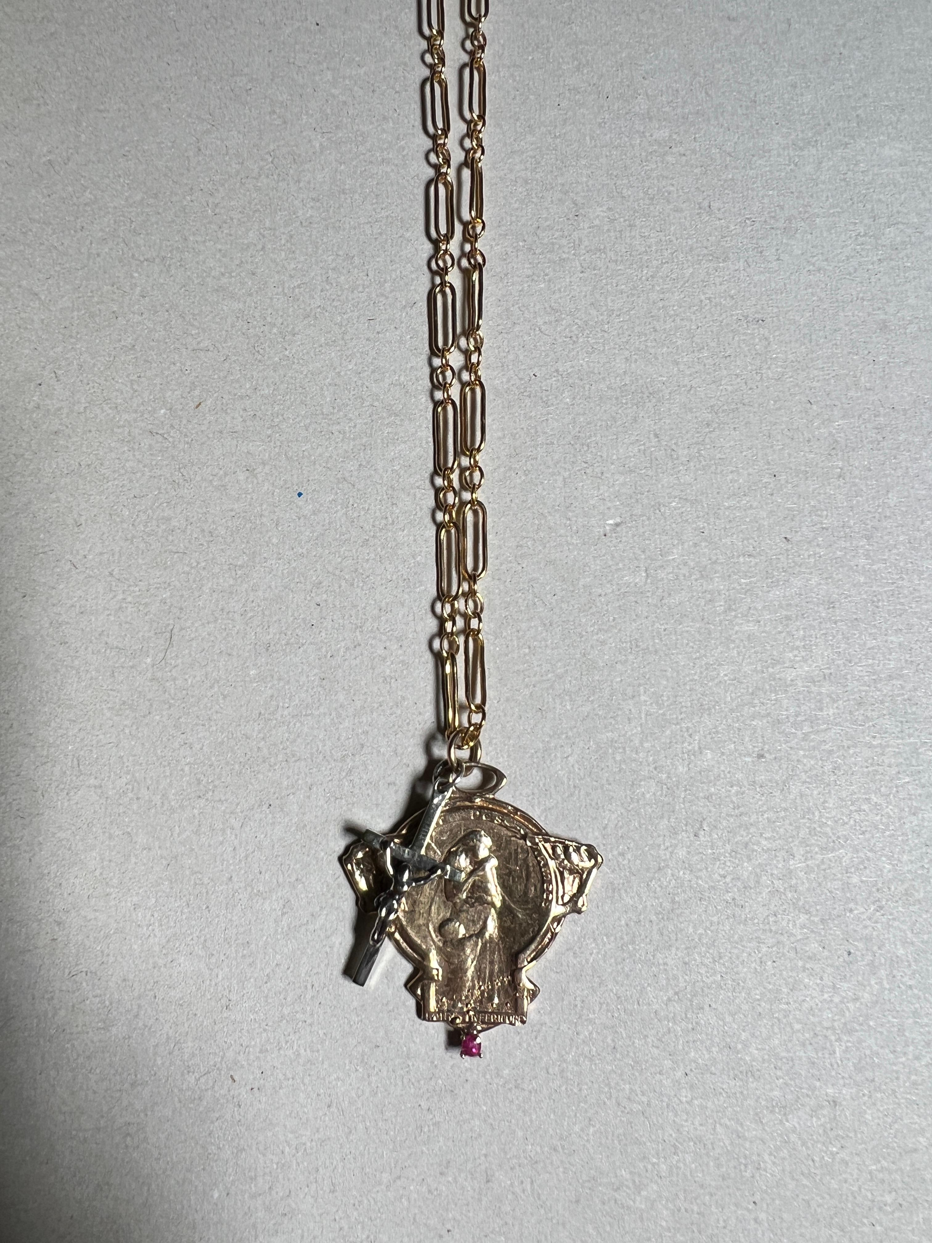 Jugendstil Französische Medaille Rubin Kette Halskette Silber Kreuz J Dauphin im Angebot 5