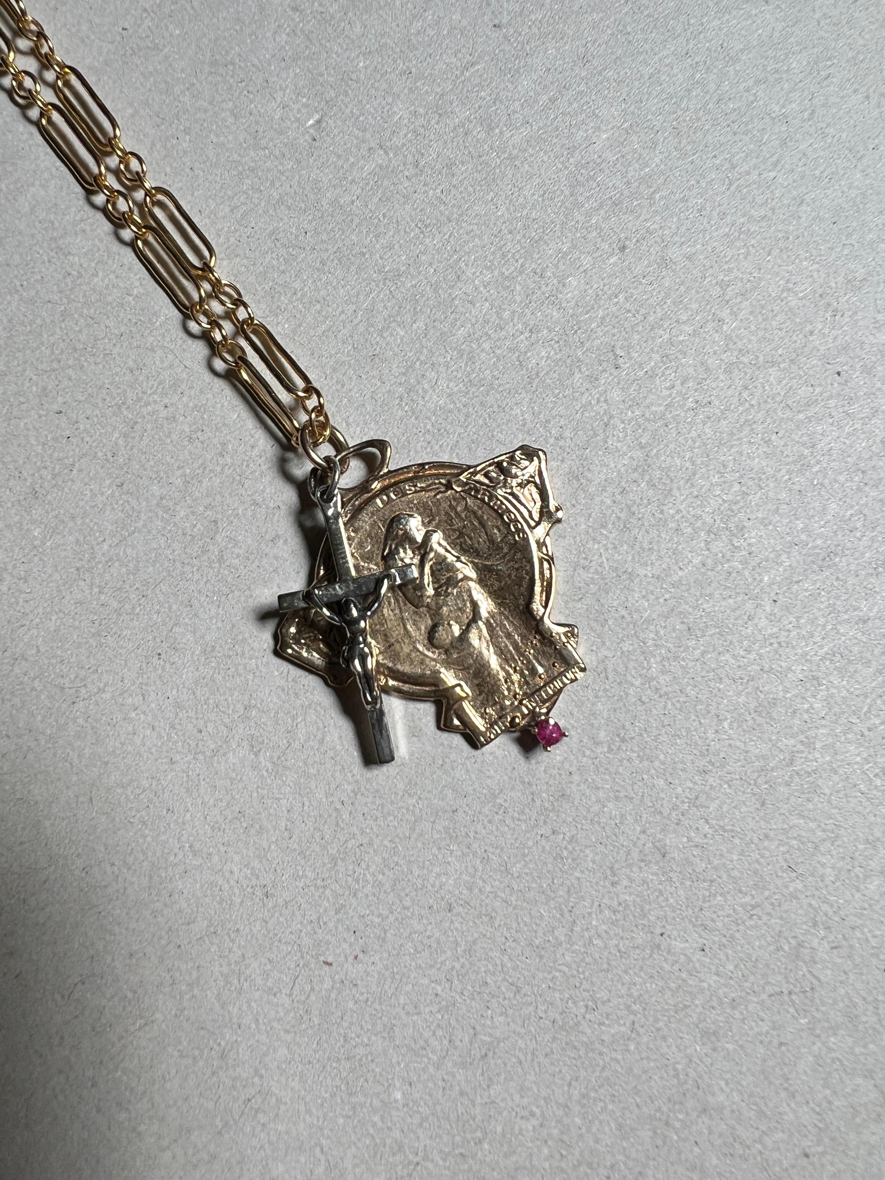 Jugendstil Französische Medaille Rubin Kette Halskette Silber Kreuz J Dauphin im Angebot 6