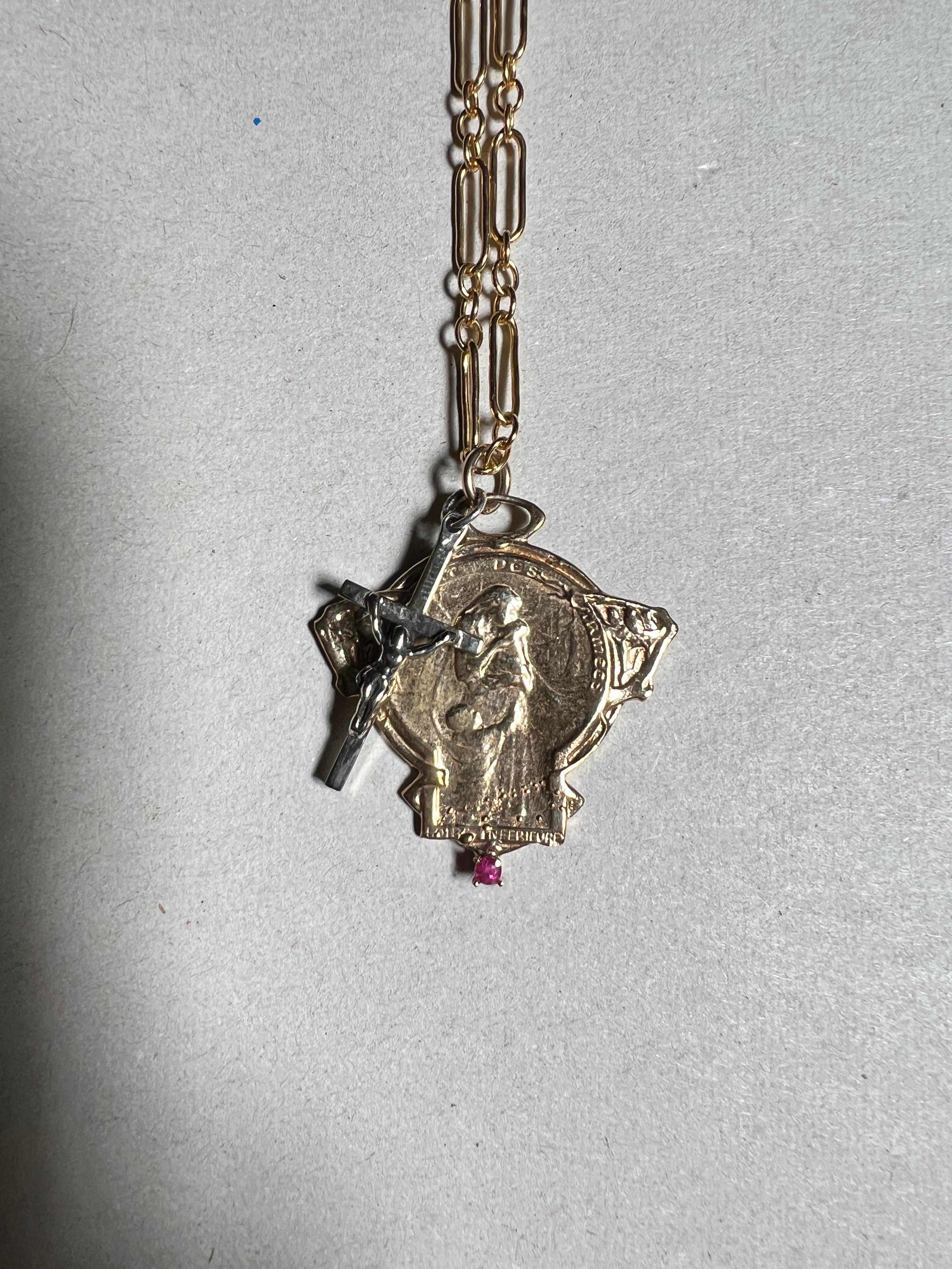 Brilliant Cut Art Nouveau French Medal Ruby Chain Necklace Silver Cross J Dauphin For Sale