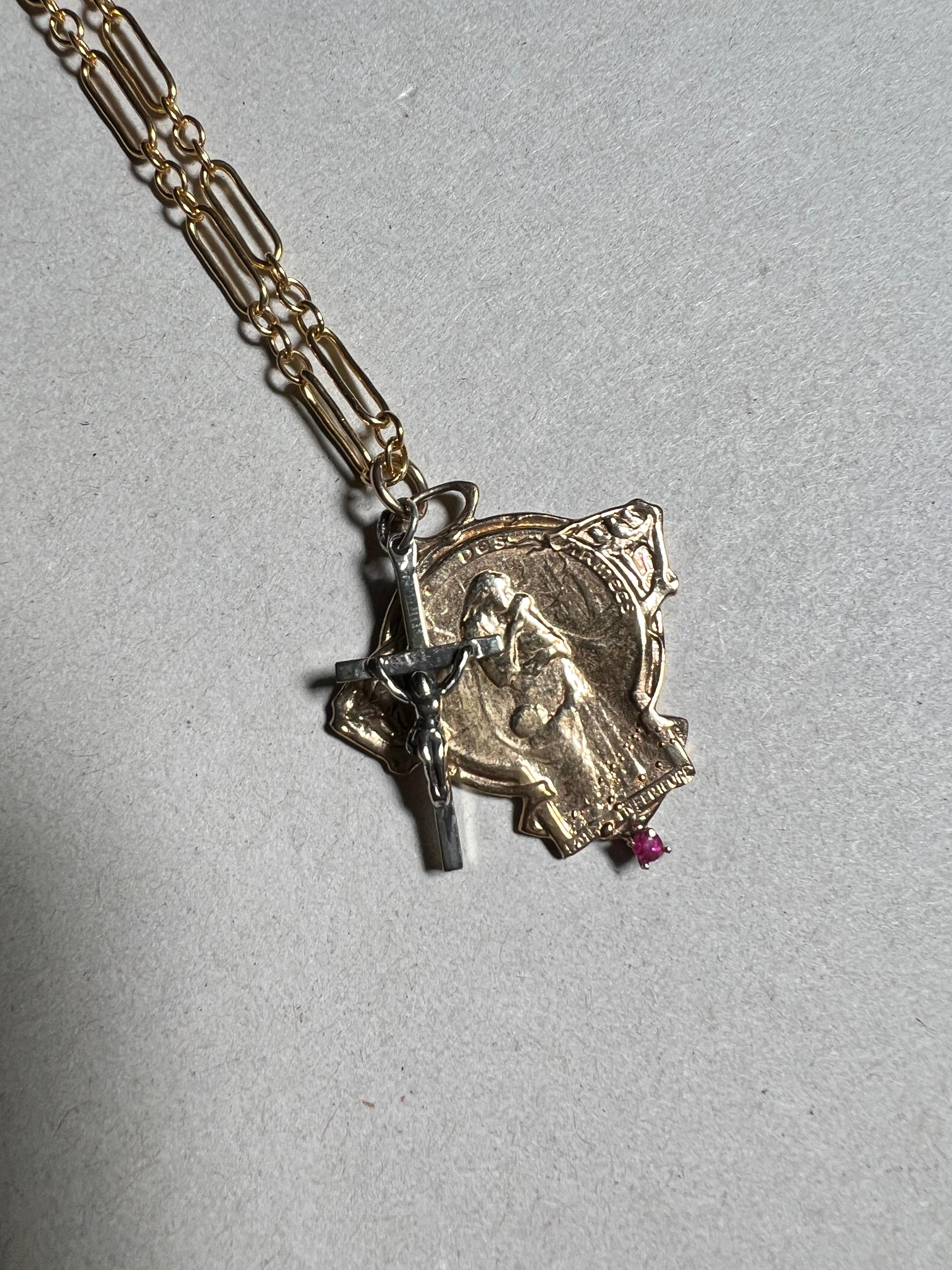 Art Nouveau French Medal Ruby Chain Necklace Silver Cross J Dauphin In New Condition For Sale In Los Angeles, CA