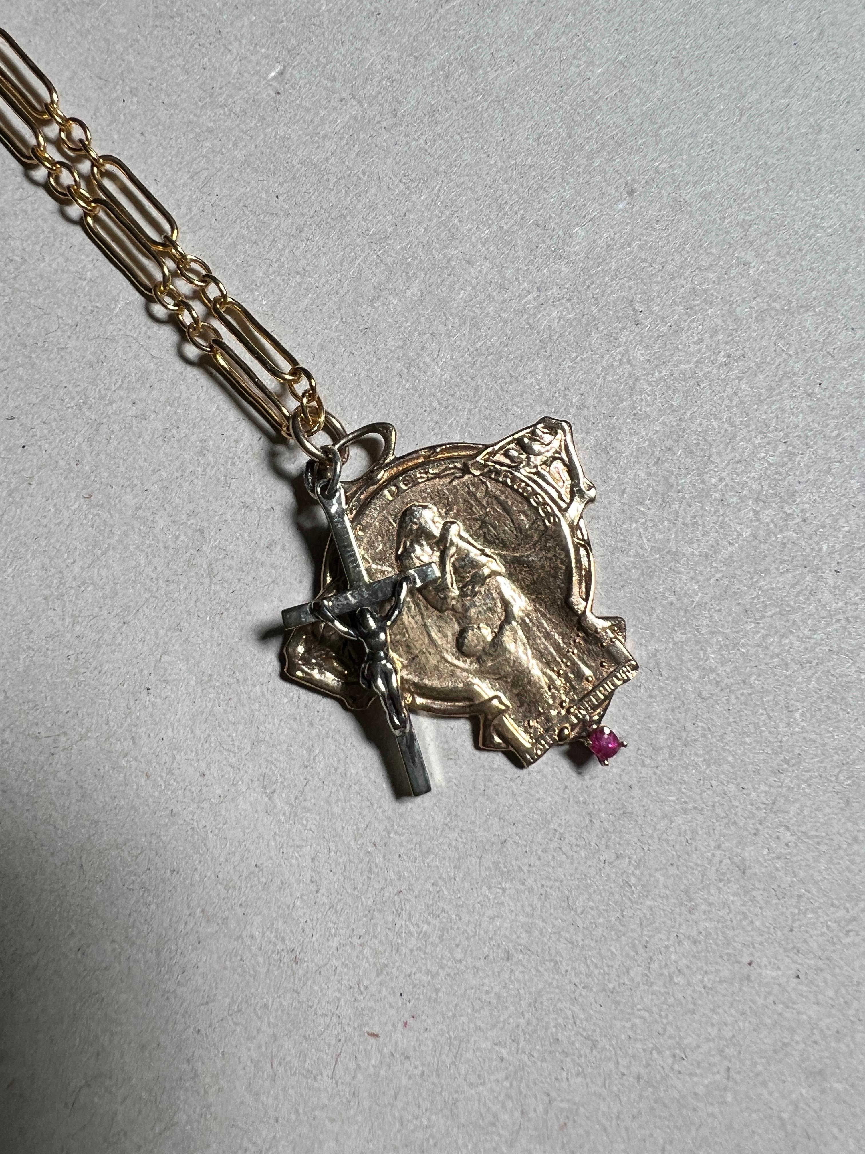 Jugendstil Französische Medaille Rubin Kette Halskette Silber Kreuz J Dauphin Damen im Angebot