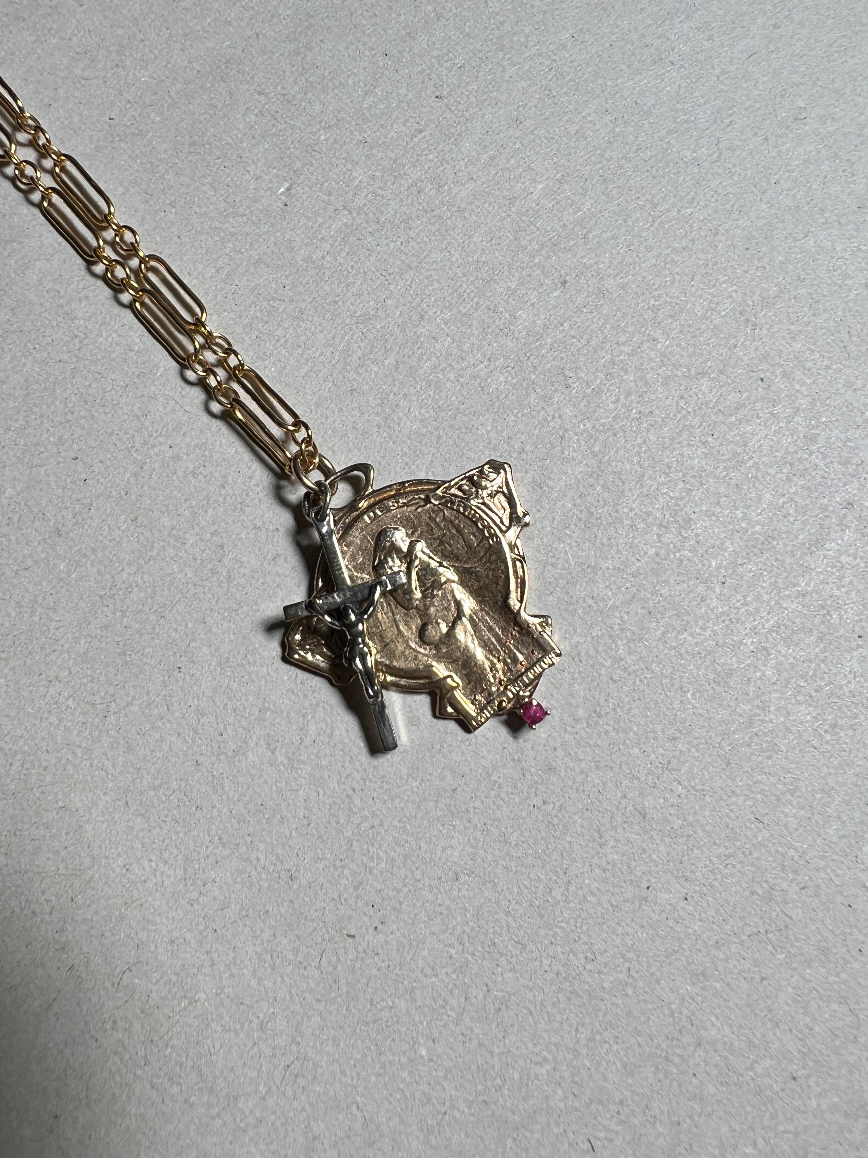 Jugendstil Französische Medaille Rubin Kette Halskette Silber Kreuz J Dauphin im Angebot 1