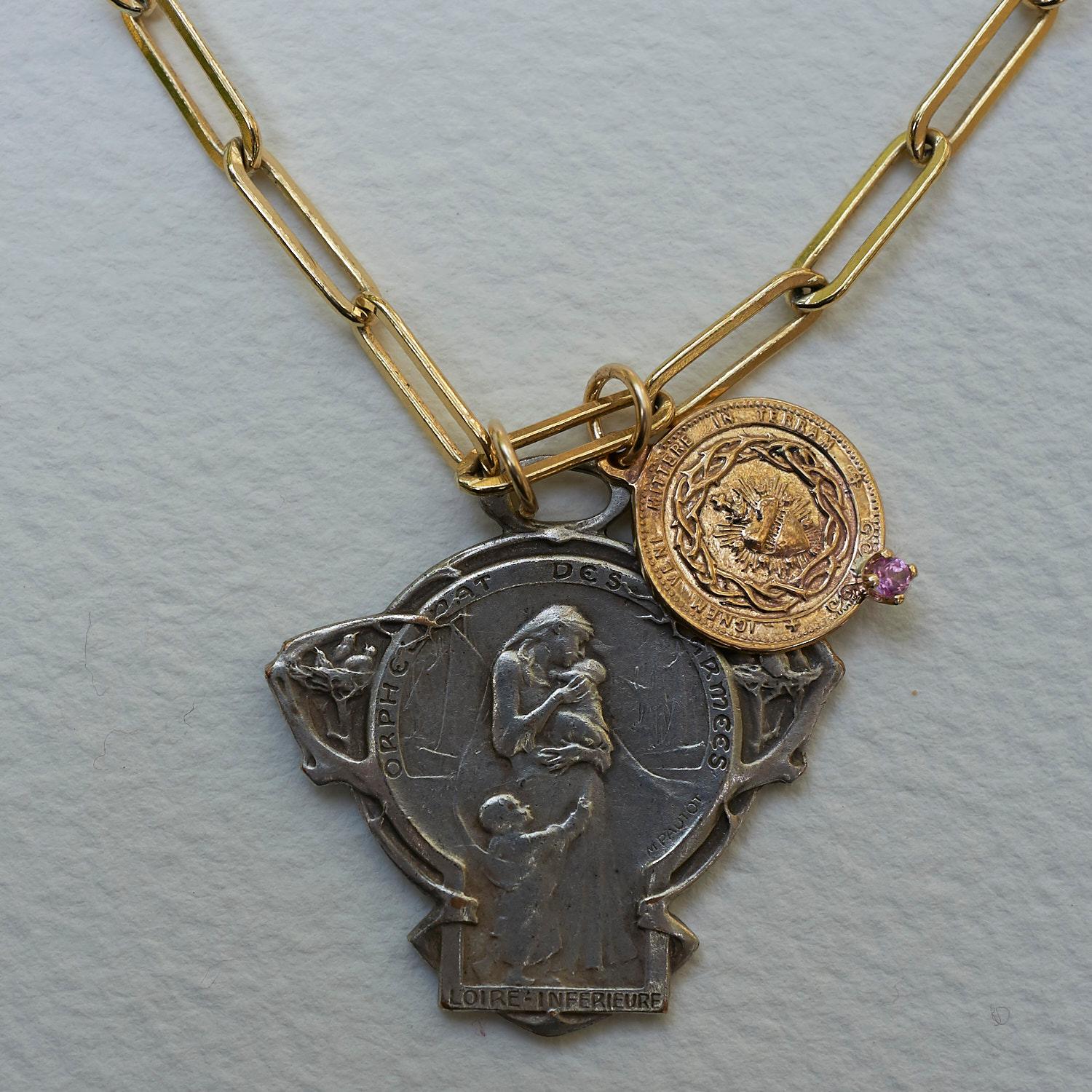 Art Nouveau French Medal Sapphire Pink Chunky Chain Necklace J Dauphin In New Condition For Sale In Los Angeles, CA