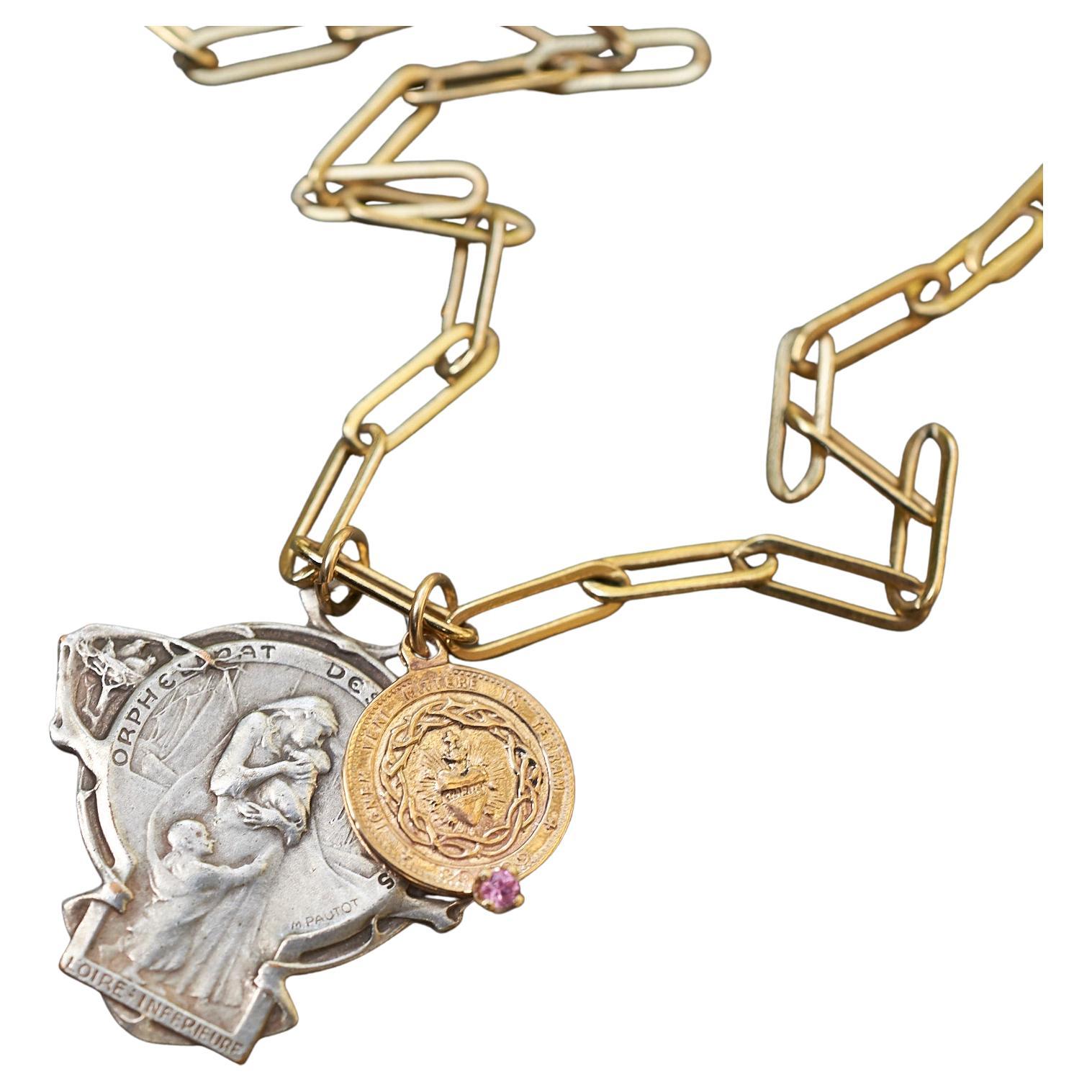 Jugendstil Französische Medaille Saphir Rosa Chunky Kette Halskette J Dauphin im Angebot
