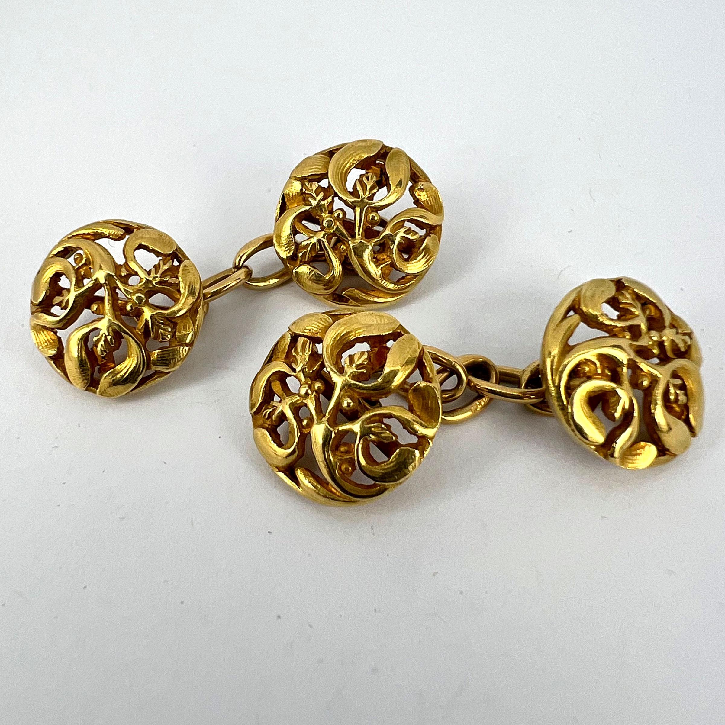 Art Nouveau French Mistletoe Leaves 18K Yellow Gold Cufflinks For Sale 10