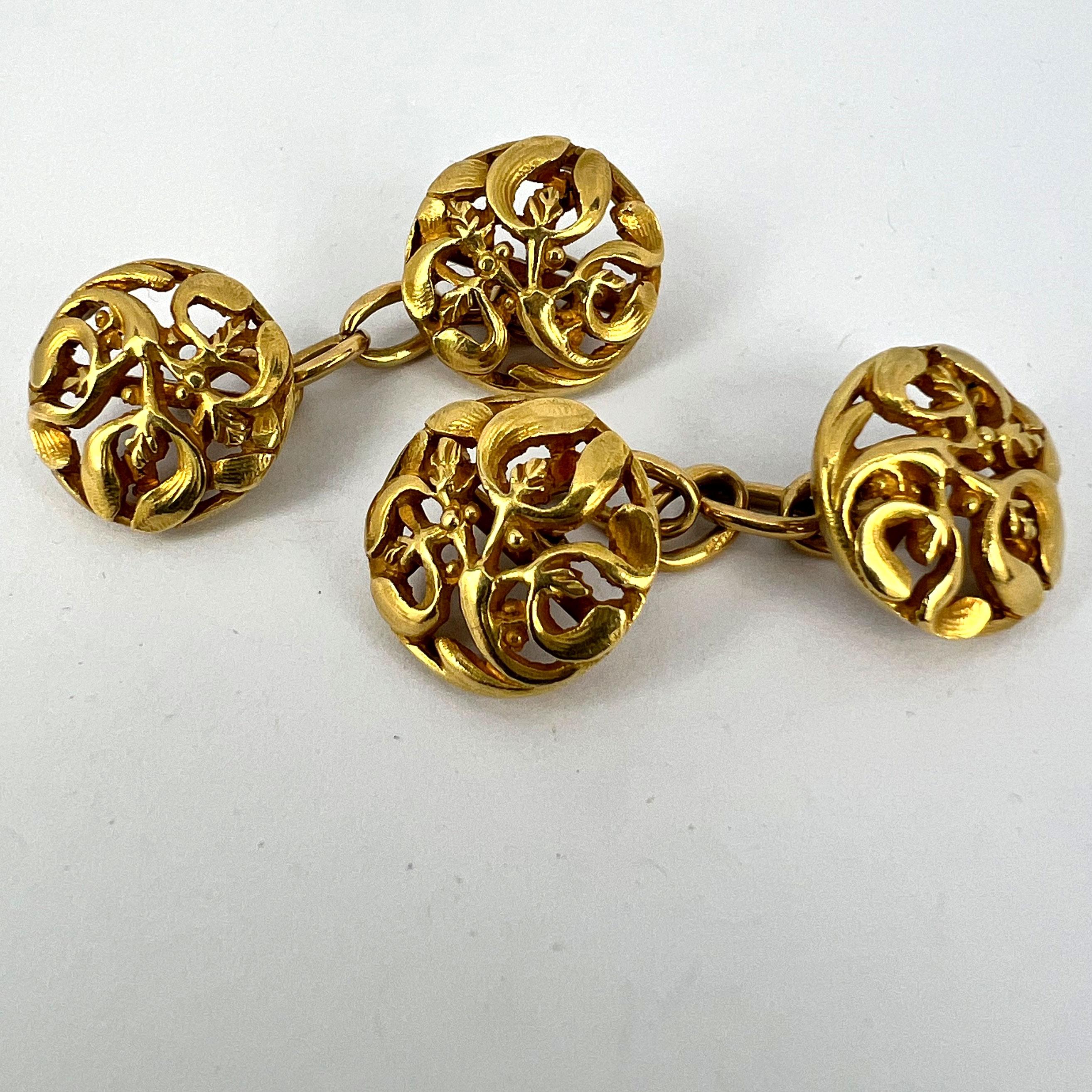 Art Nouveau French Mistletoe Leaves 18K Yellow Gold Cufflinks For Sale 11