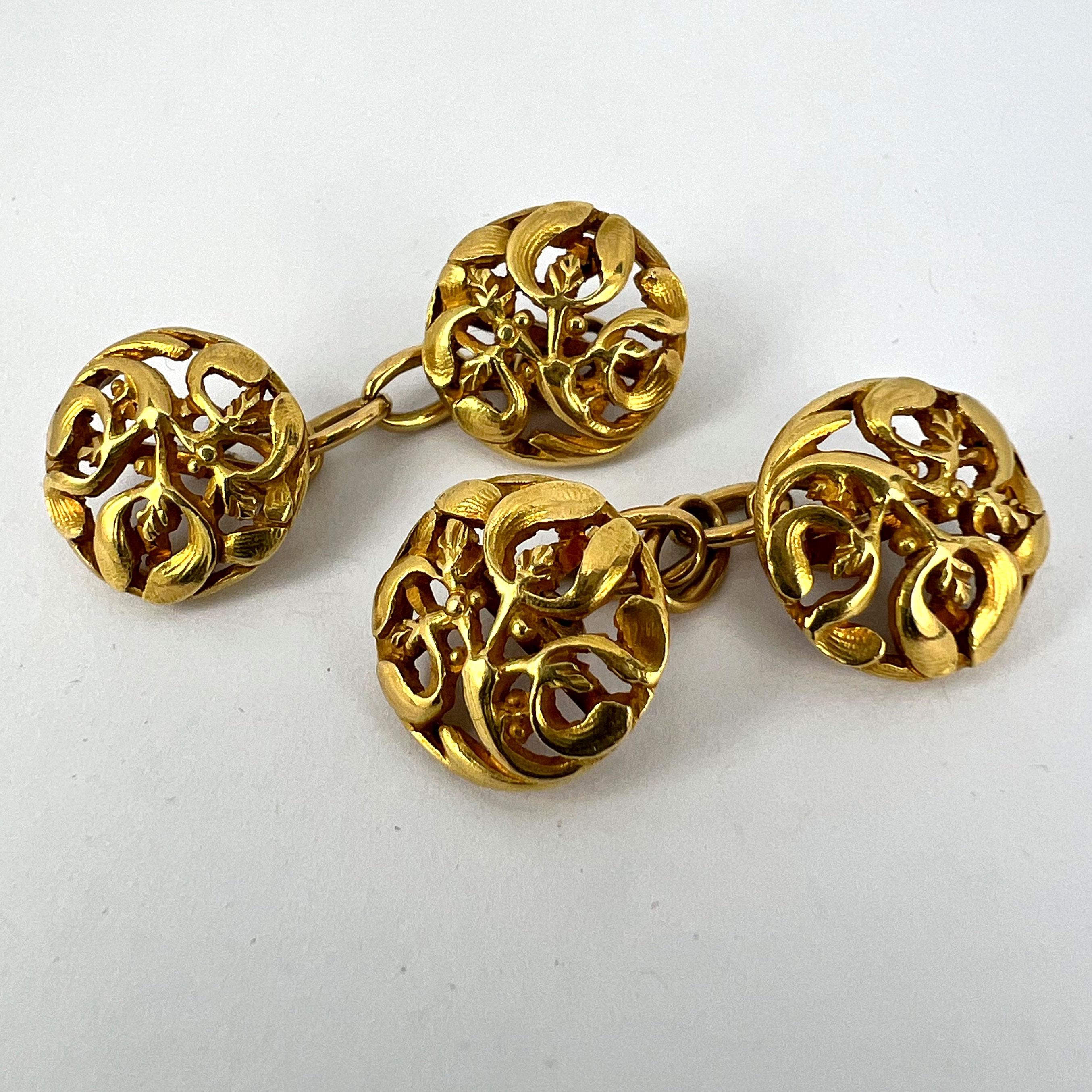 Art Nouveau French Mistletoe Leaves 18K Yellow Gold Cufflinks For Sale 12