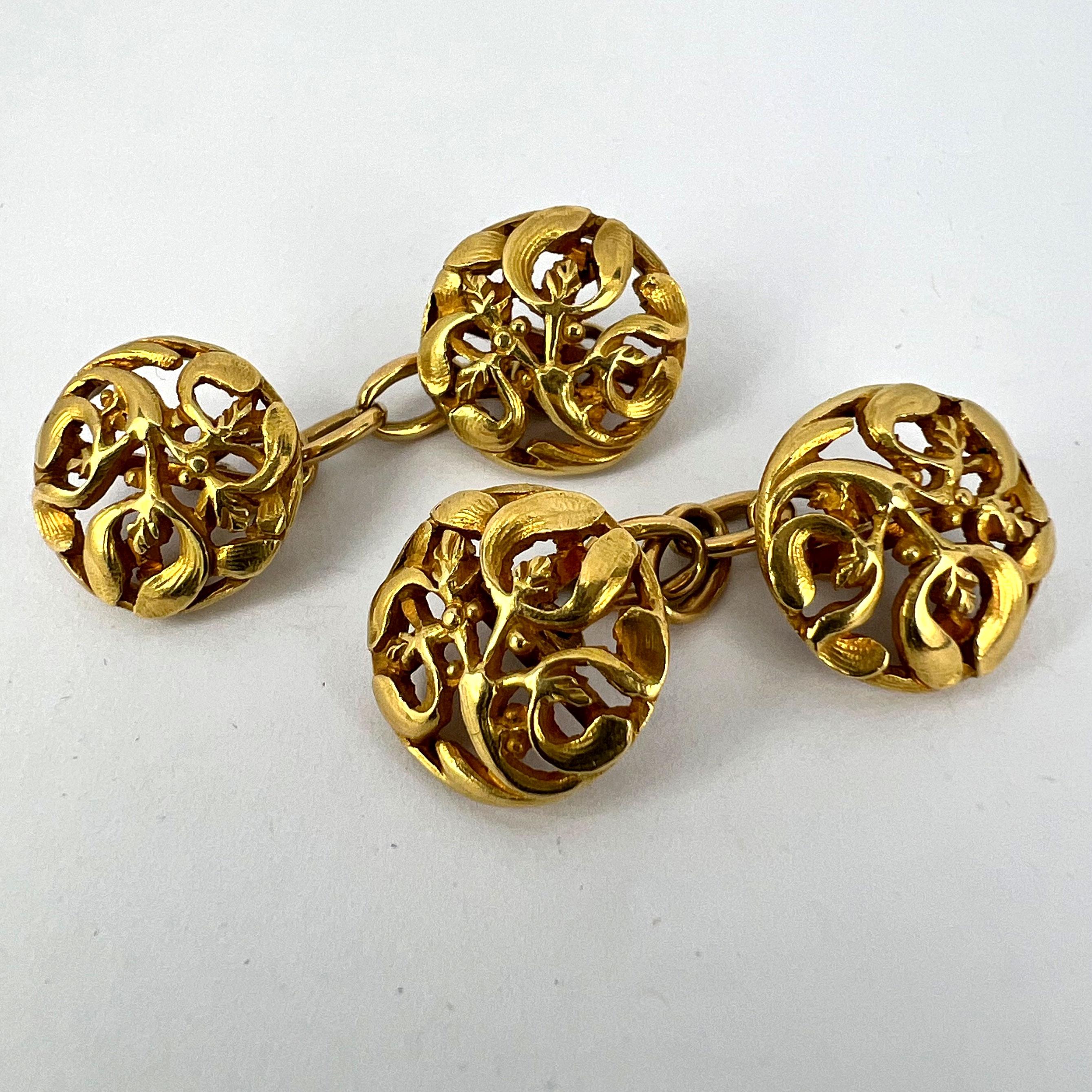 Art Nouveau French Mistletoe Leaves 18K Yellow Gold Cufflinks For Sale 13