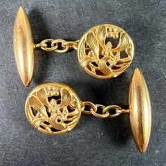 Art Nouveau French Mistletoe Leaves 18K Yellow Gold Cufflinks