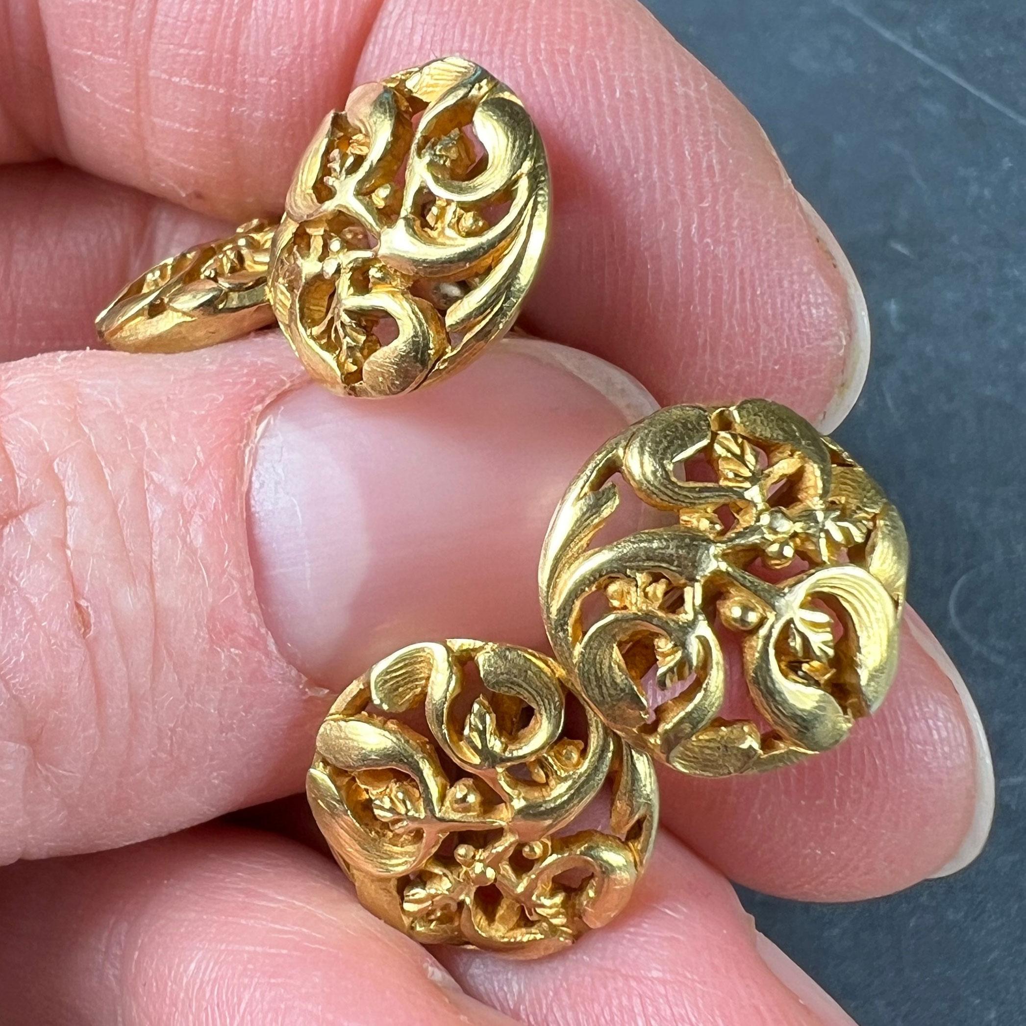 Art Nouveau French Mistletoe Leaves 18K Yellow Gold Cufflinks For Sale 3