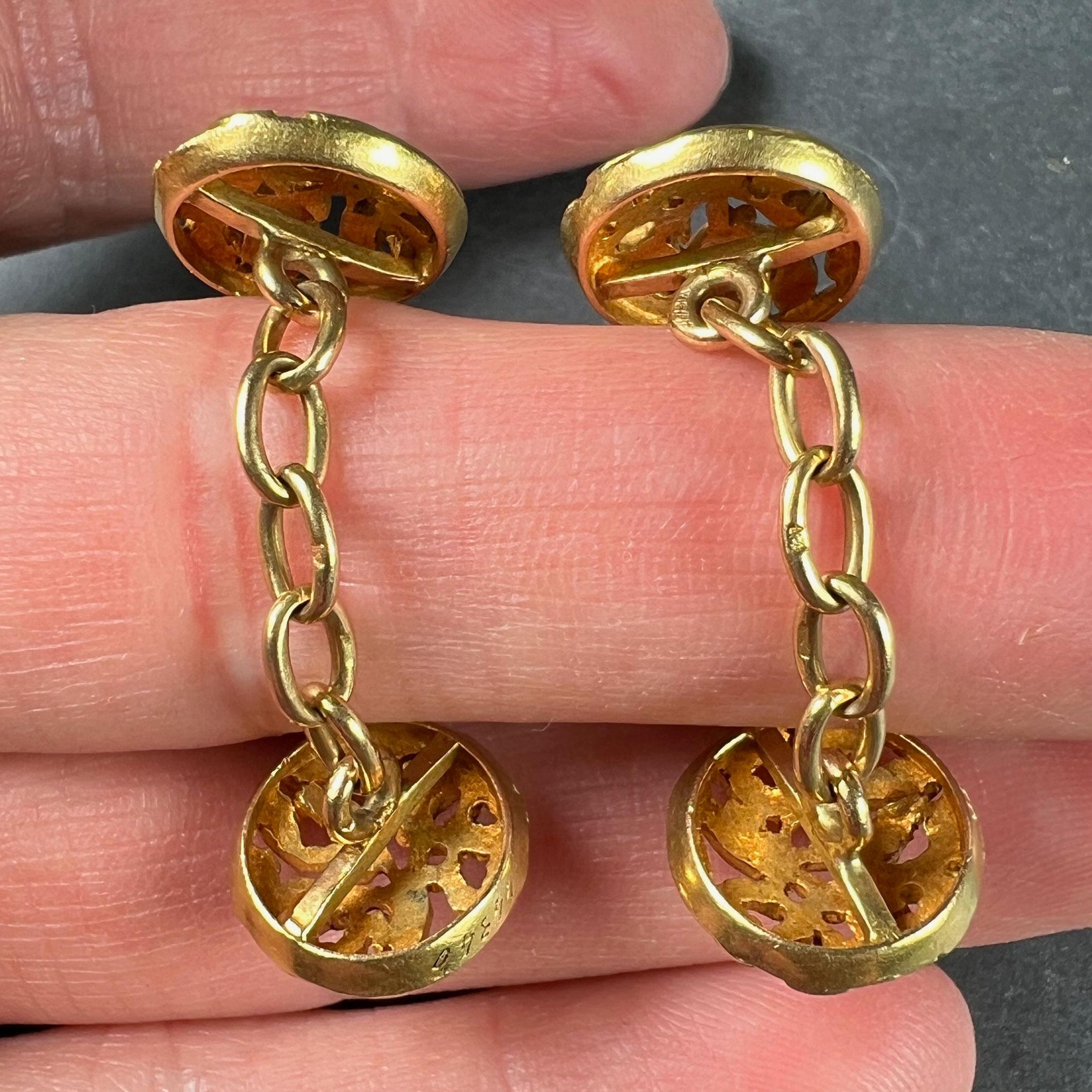 Gemelli in oro giallo 18 carati Art Nouveau francese con foglie di vischio in vendita 4