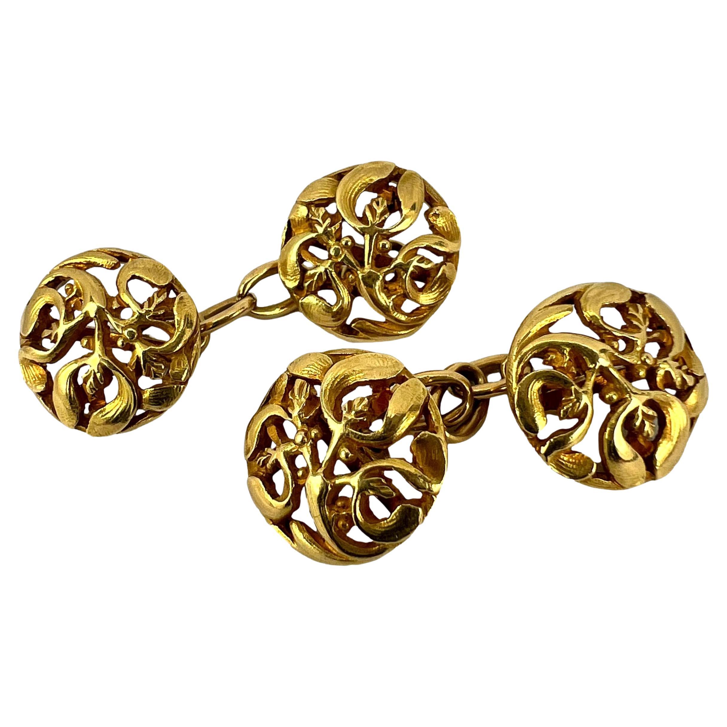 Art Nouveau French Mistletoe Leaves 18K Yellow Gold Cufflinks For Sale