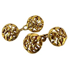Boutons de manchette Art Nouveau français feuilles de mistletoe en or jaune 18 carats