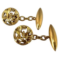 Art Nouveau French Mistletoe Leaves 18K Yellow Gold Cufflinks