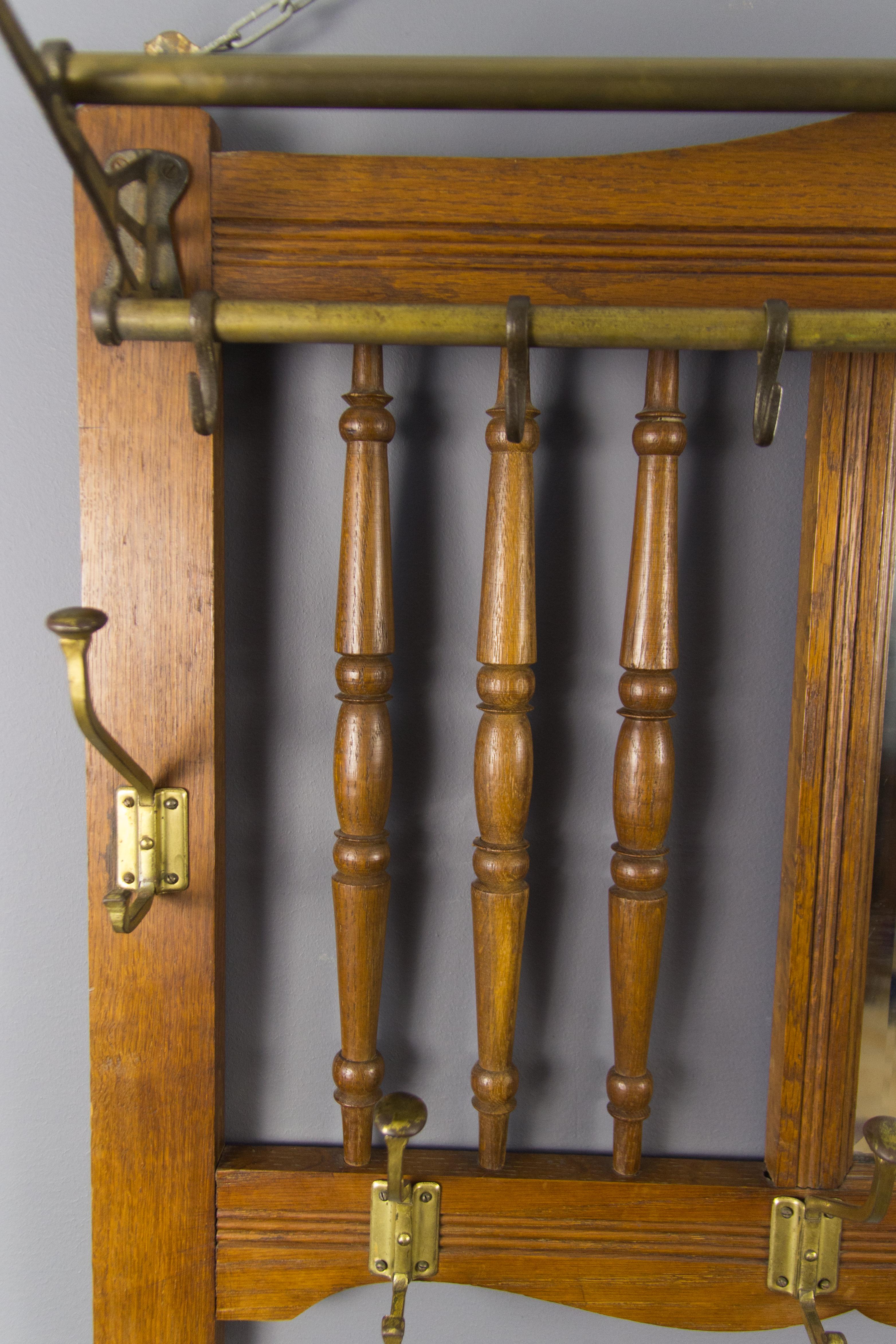 Art Nouveau French Oak and Brass Coat and Hat Wall Rack with Beveled Mirror 6