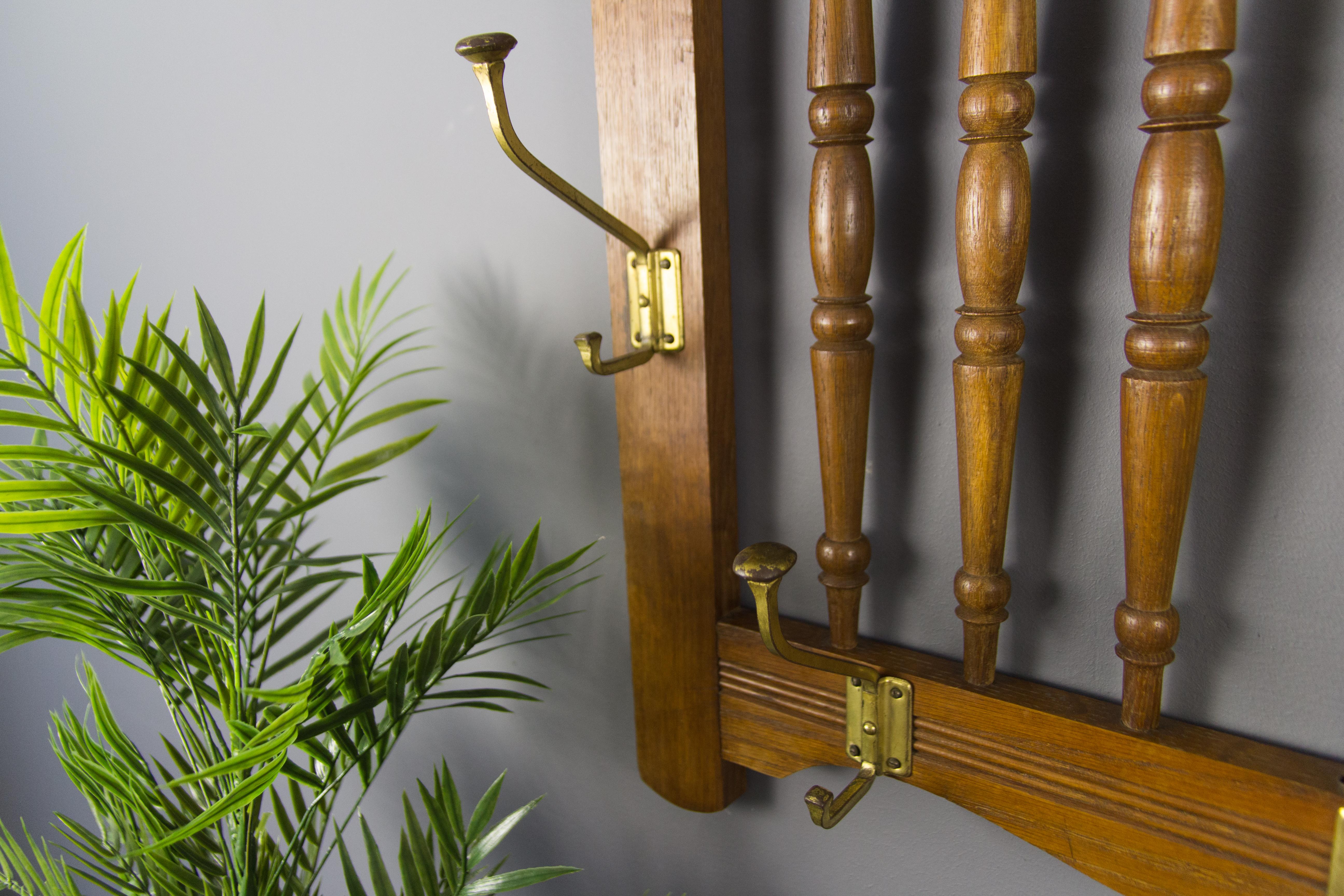 Early 20th Century Art Nouveau French Oak and Brass Coat and Hat Wall Rack with Beveled Mirror
