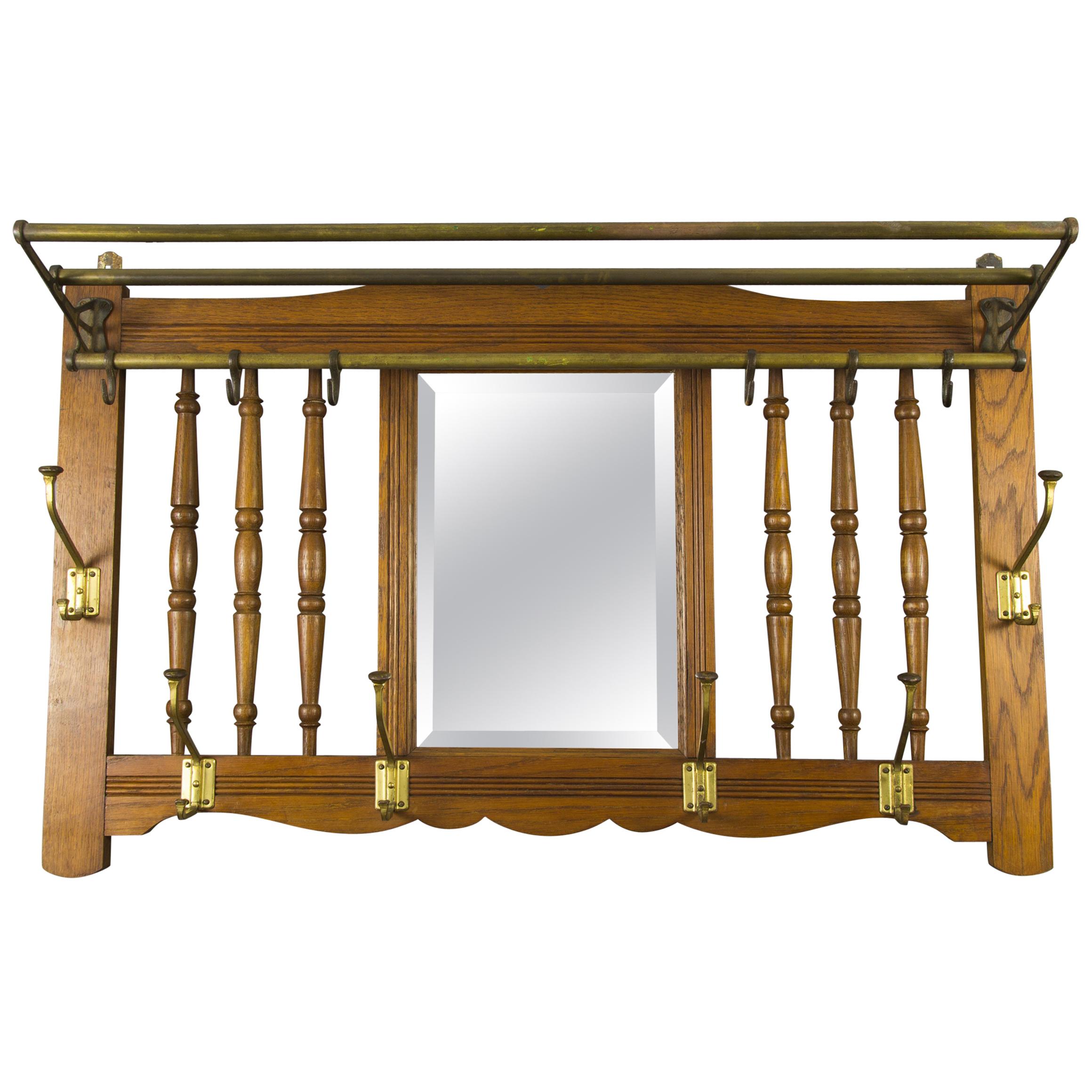 Art Nouveau French Oak and Brass Coat and Hat Wall Rack with Beveled Mirror