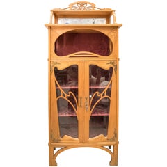 Art Nouveau French Oak Display Cabinet with Gold Brass Mouthpiece and Hinges