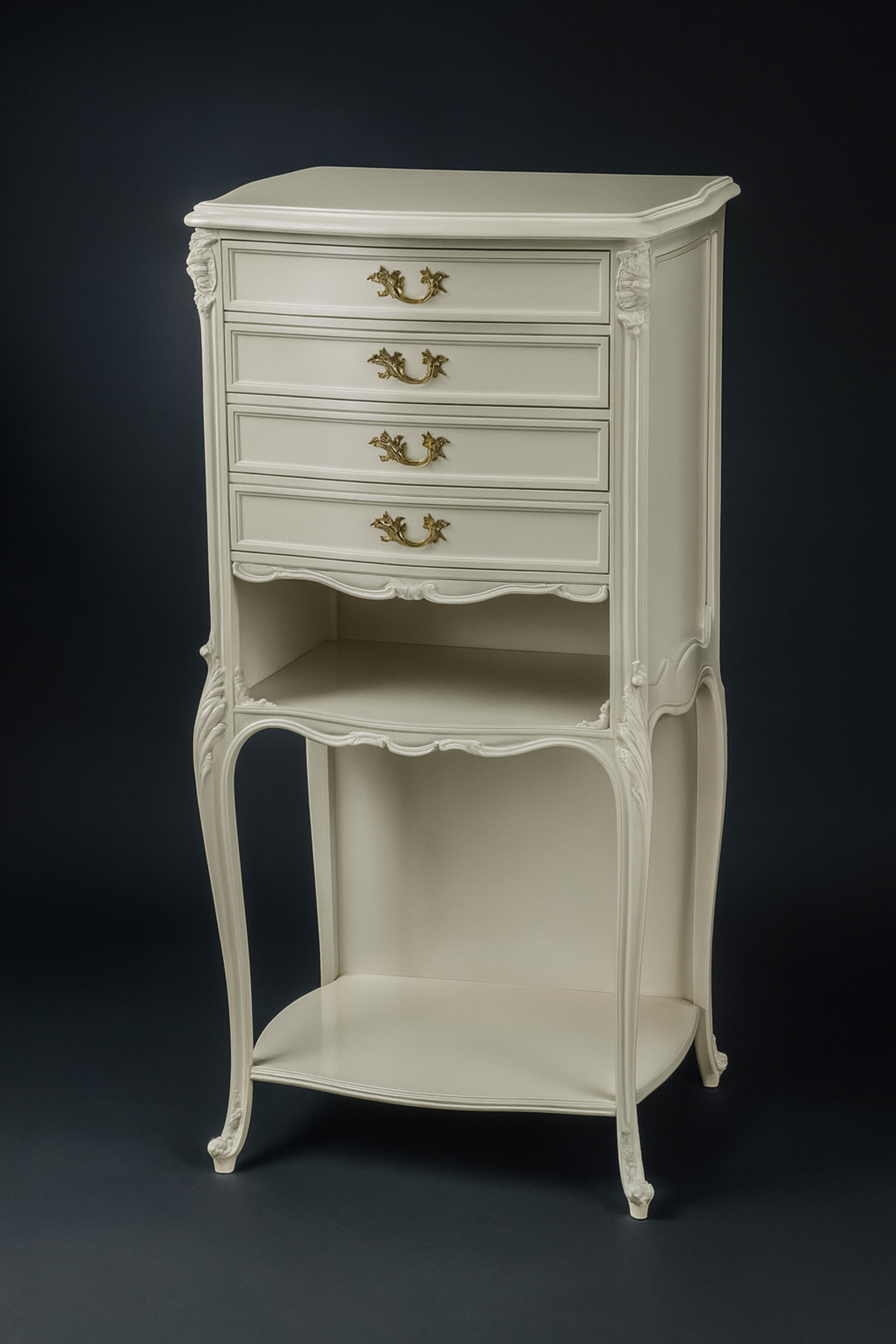 A French Art Nouveau Cabinet in sleek off white (color reference: #F2F0EF) lacquer high-gloss finish dates back to the early 1900s and is crafted in rich walnut wood, showcasing the elegant lines and organic motifs typical of the era. 
The piece