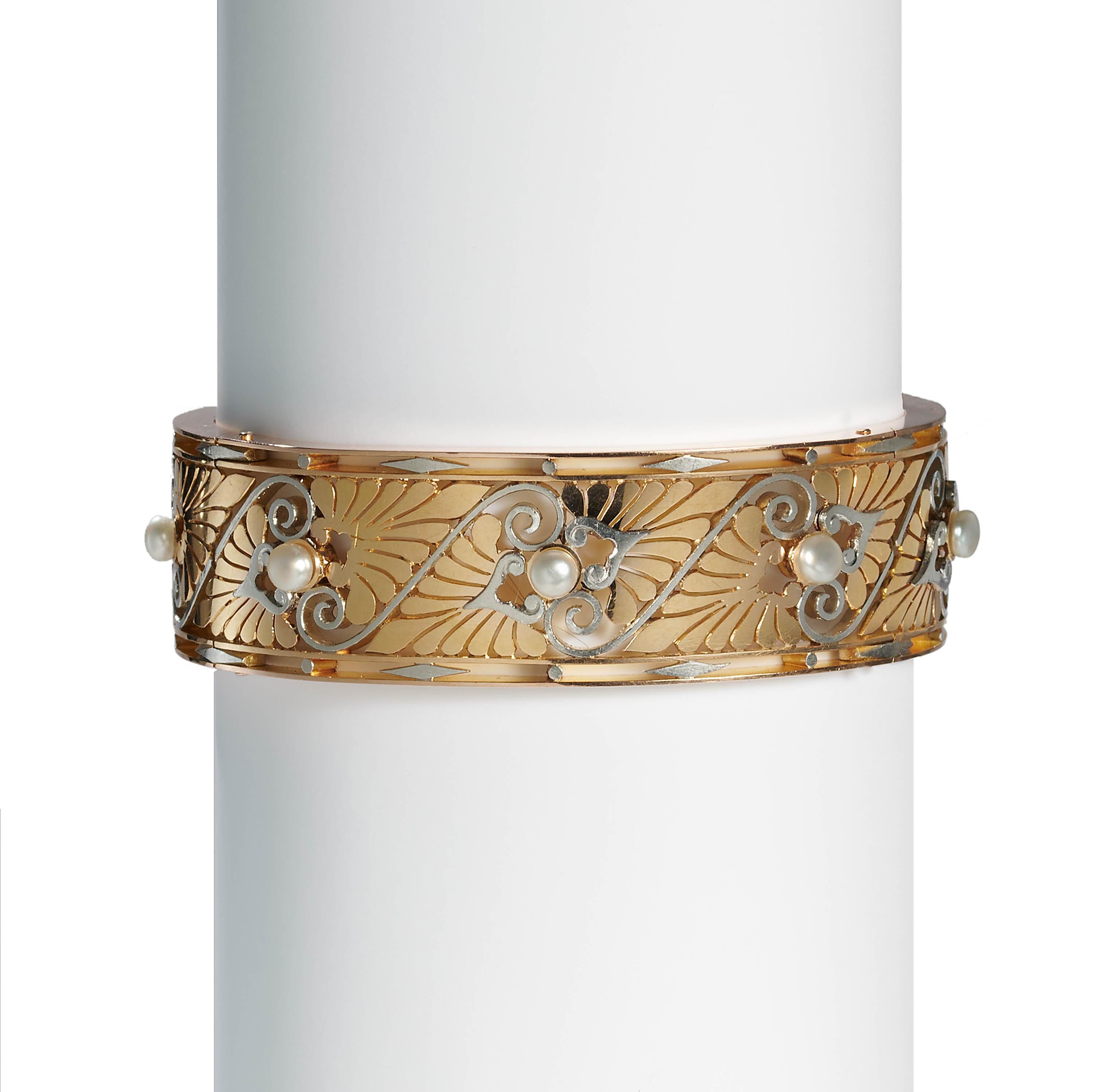 Women's French Antique Greek Revival Pearl Gold and Platinum Bangle, Circa 1870 For Sale