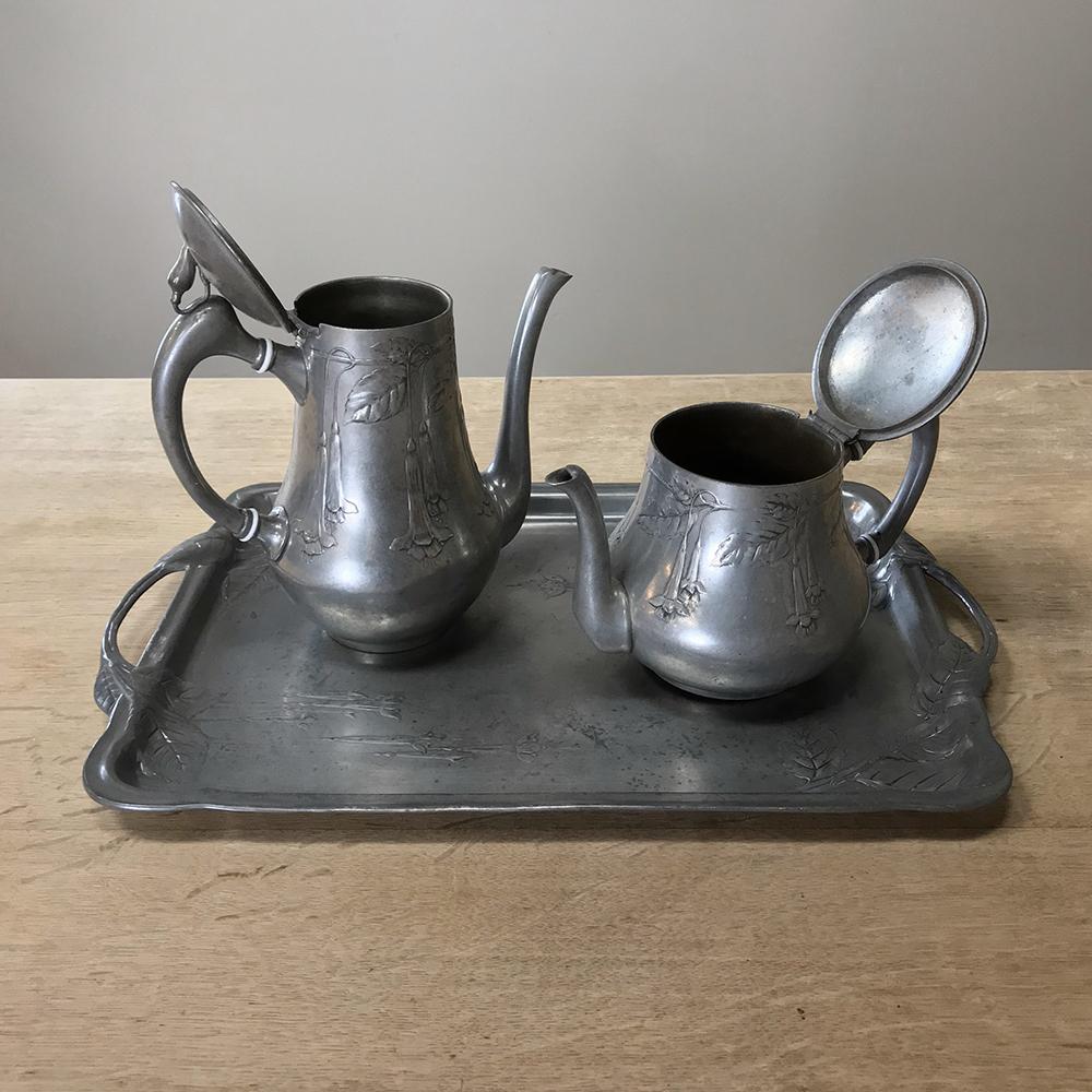 Hand-Crafted Art Nouveau French Pewter Coffee Service Set