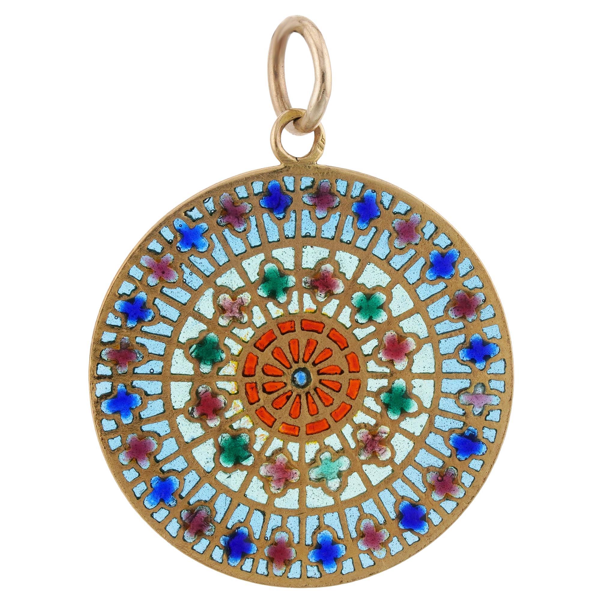 Art Nouveau French Plique-a Joure Multicolor Glass Enamel Yellow Gold Pendant