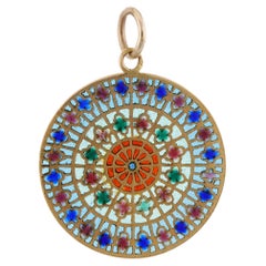 Art Nouveau French Plique-a Joure Multicolor Glass Enamel Yellow Gold Pendant