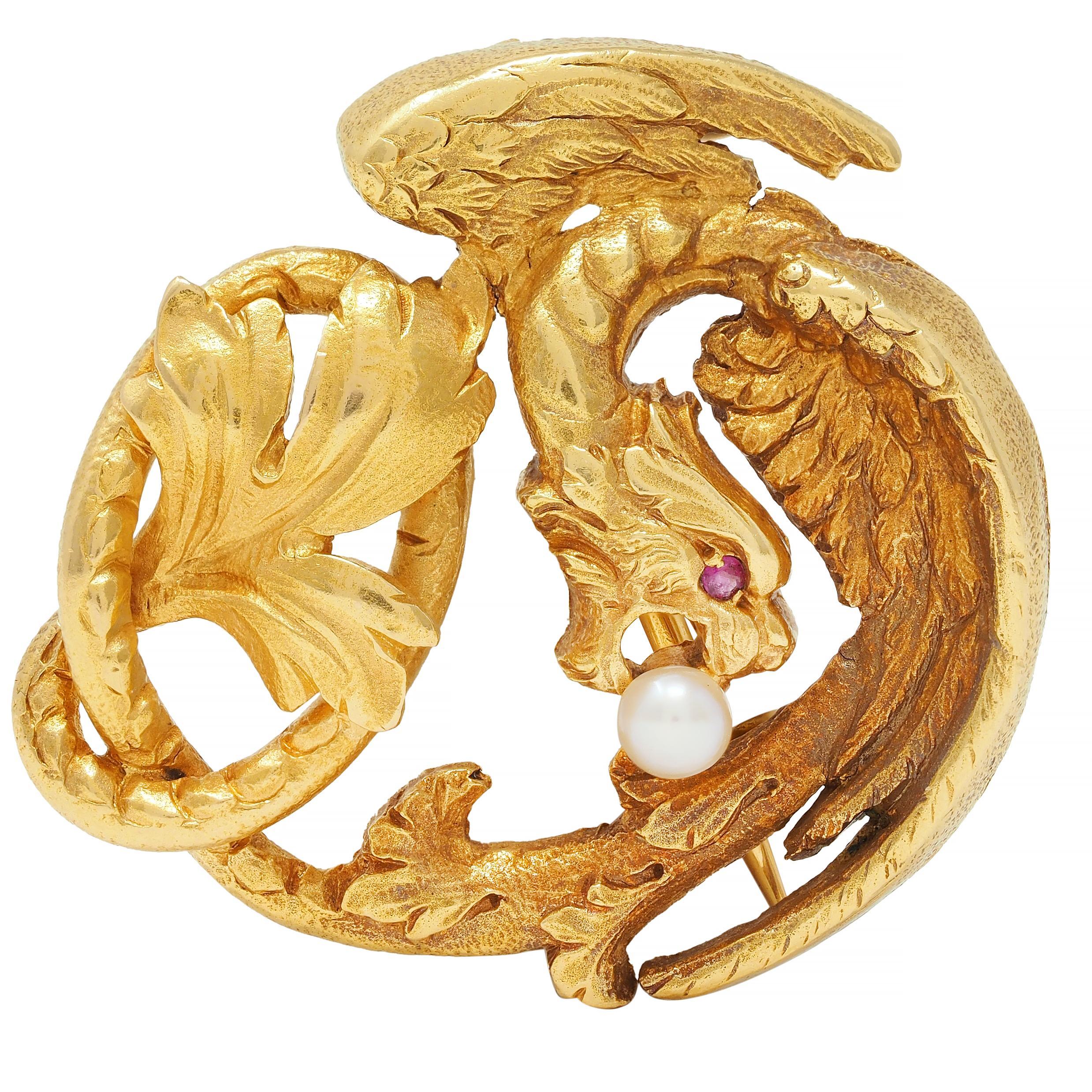 Women's or Men's Art Nouveau French Ruby Pearl 18K Yellow Gold Griffin Antique Pendant Brooch