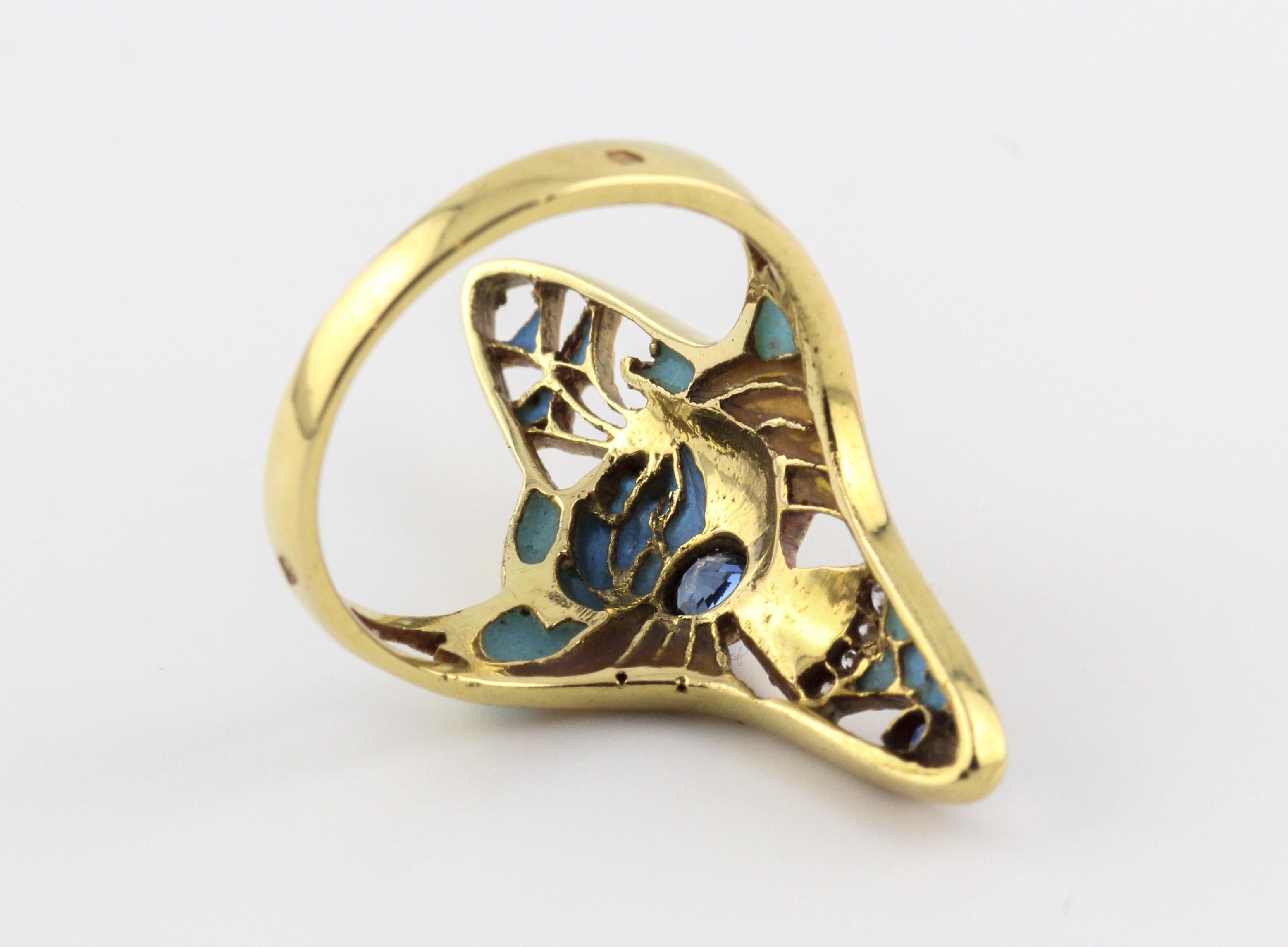 Round Cut Art Nouveau French Sapphire Diamond Enamel 18k Gold Ring Size 6 For Sale
