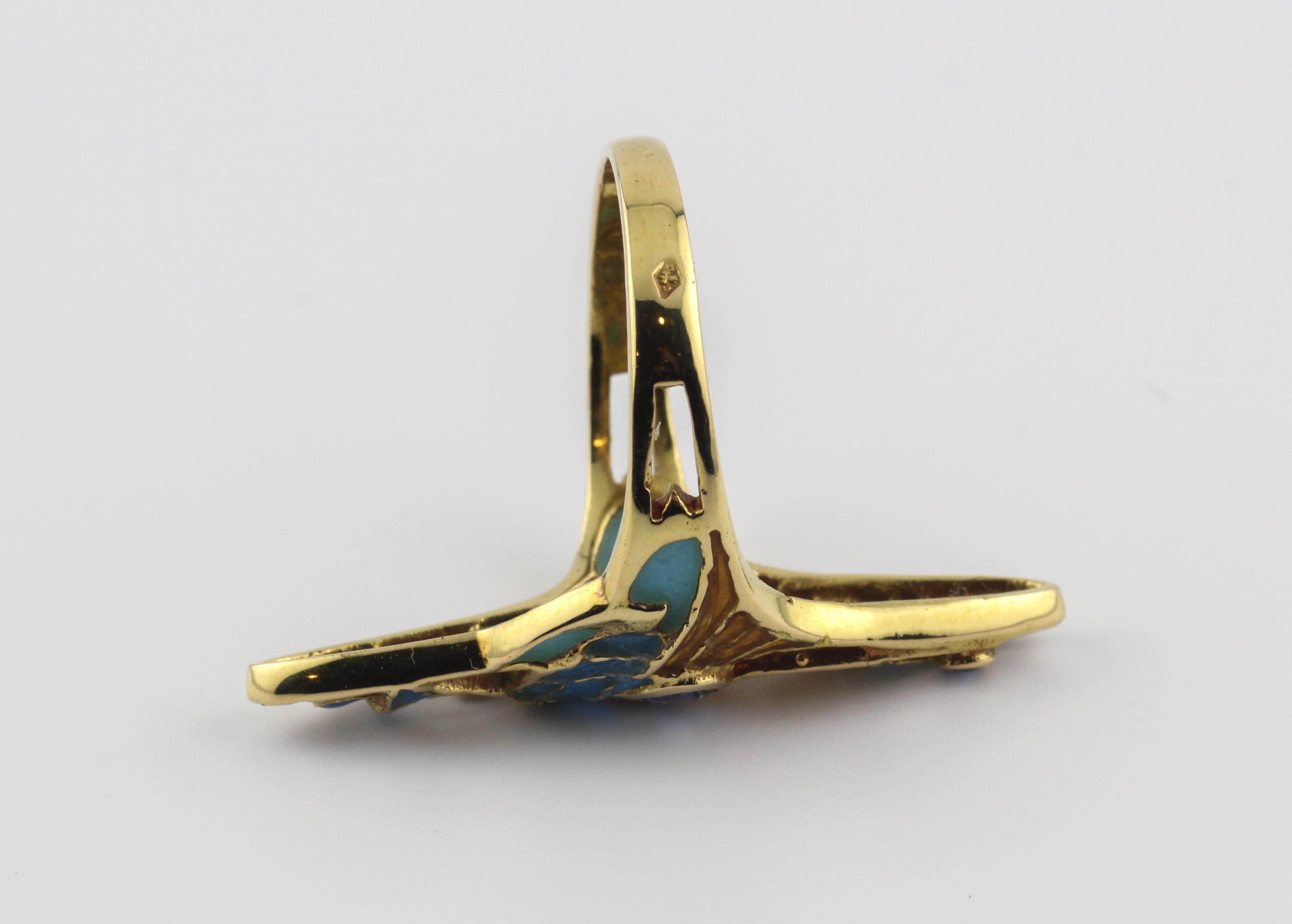 Round Cut Art Nouveau French Sapphire Diamond Enamel 18k Gold Ring Size 6 For Sale