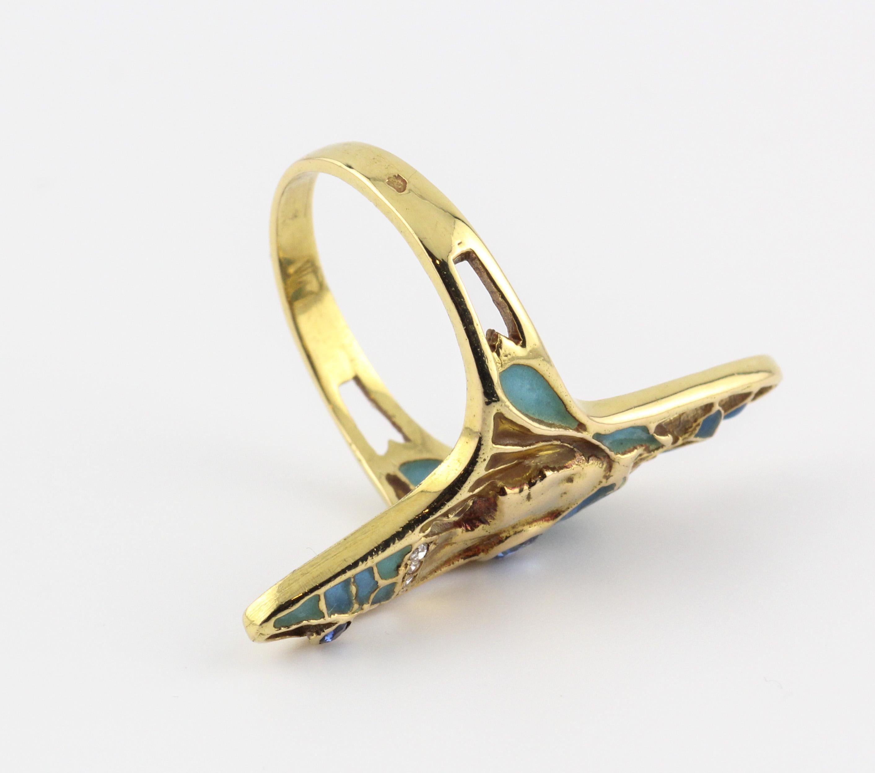 Women's or Men's Art Nouveau French Sapphire Diamond Enamel 18k Gold Ring Size 6 For Sale