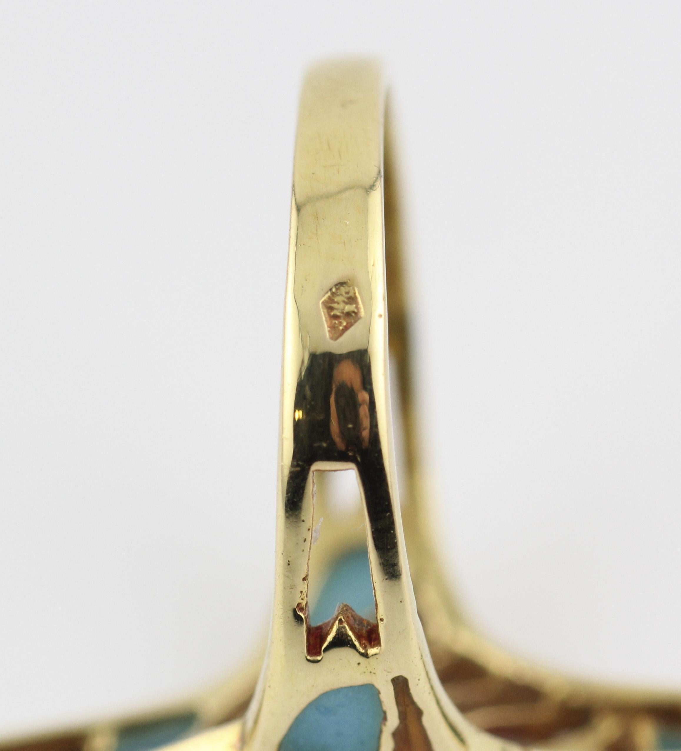 Art Nouveau French Sapphire Diamond Enamel 18k Gold Ring Size 6 For Sale 1