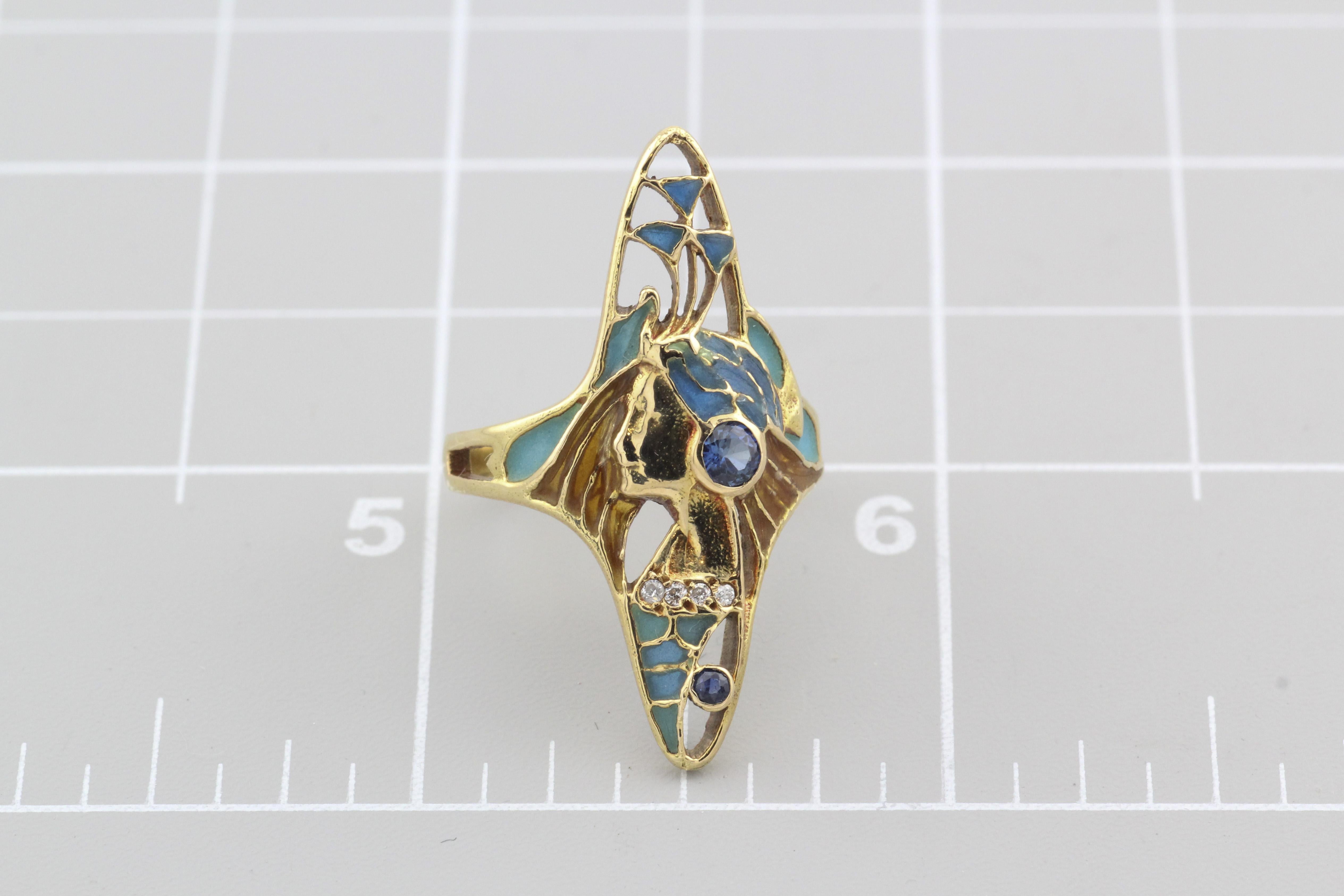 Art Nouveau French Sapphire Diamond Enamel 18k Gold Ring Size 6 For Sale 4