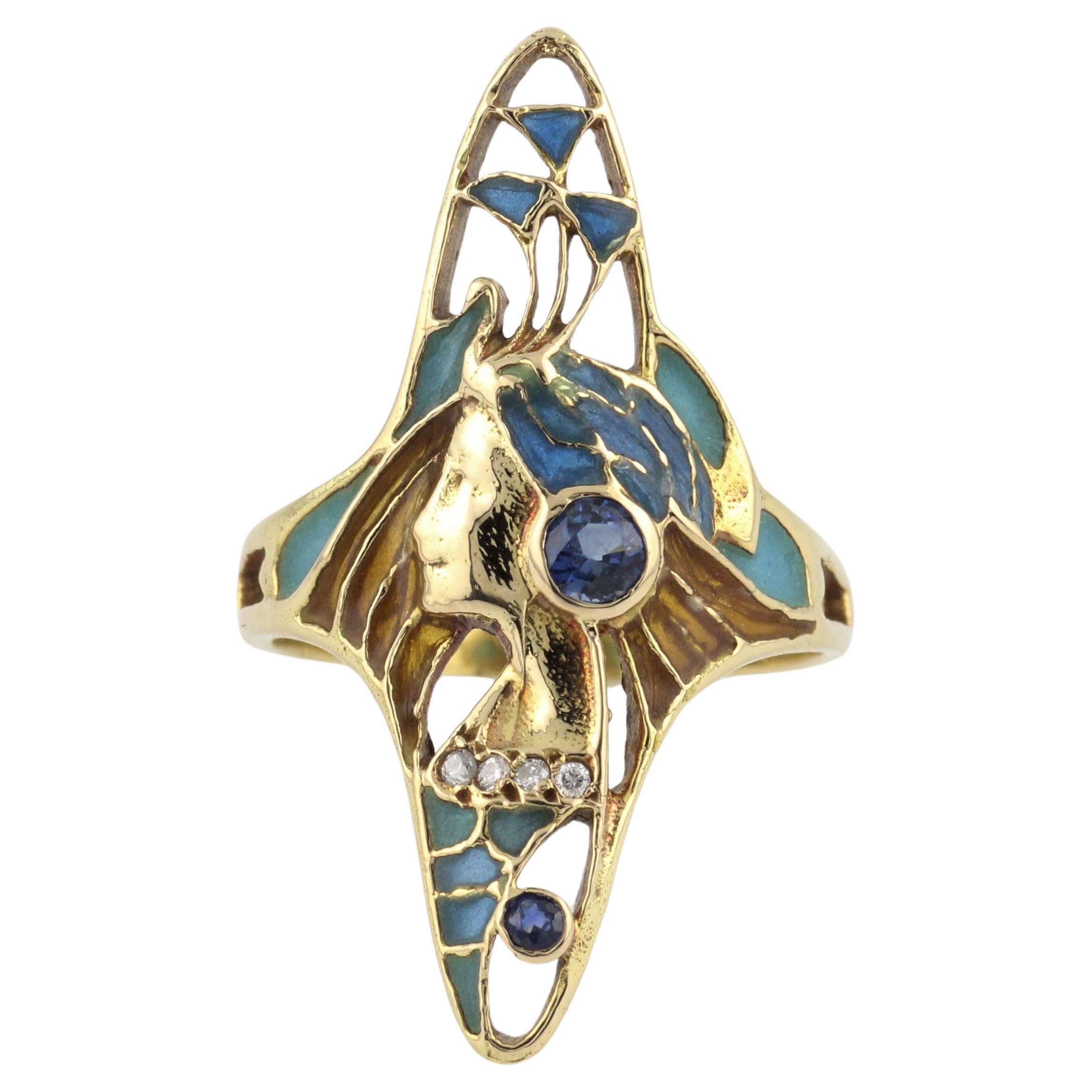 Art Nouveau French Sapphire Diamond Enamel 18k Gold Ring Size 6 For Sale