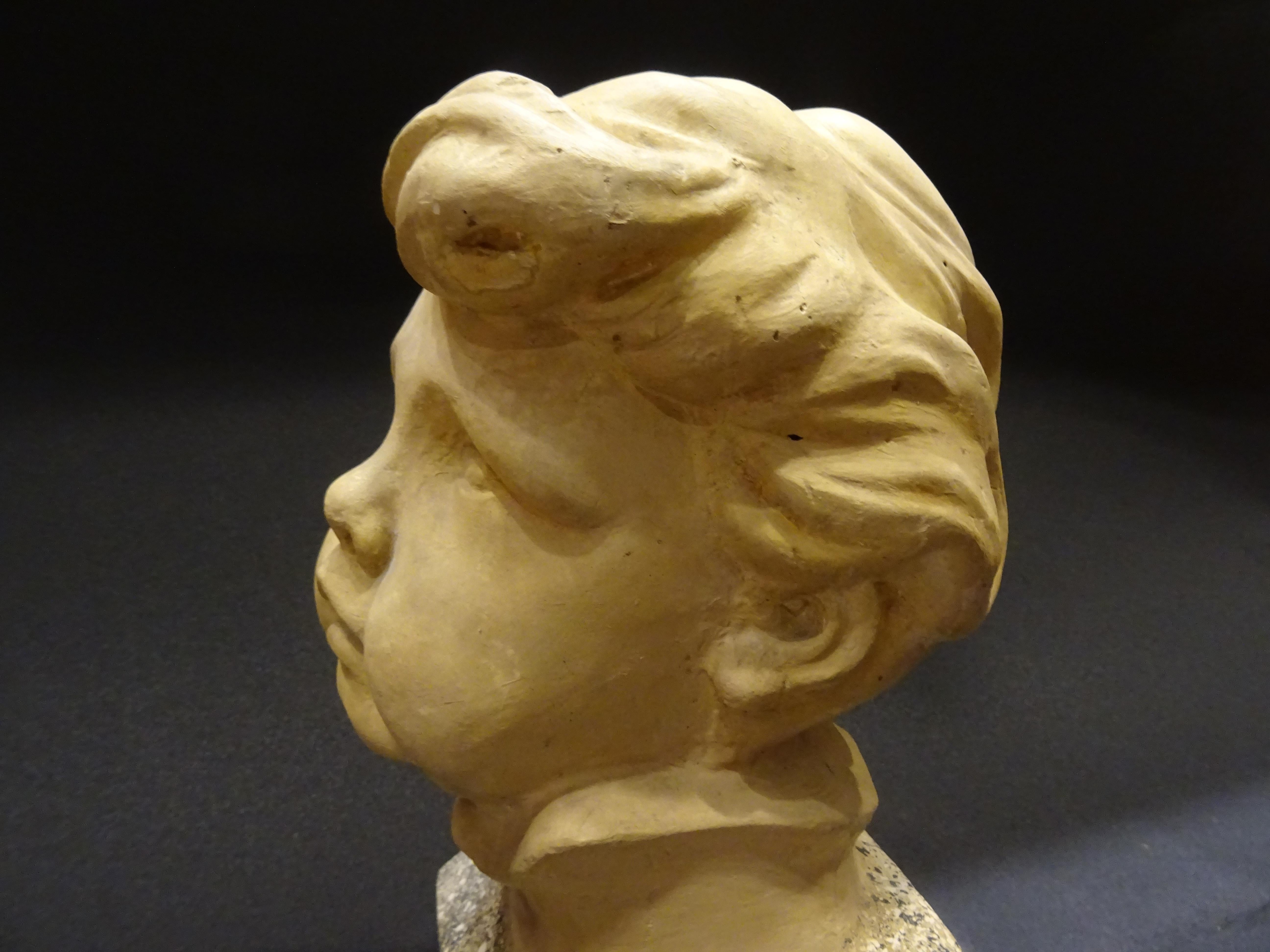 Art Nouveau French School Plaster Carved Child Bust with Base Imitating Stone 7