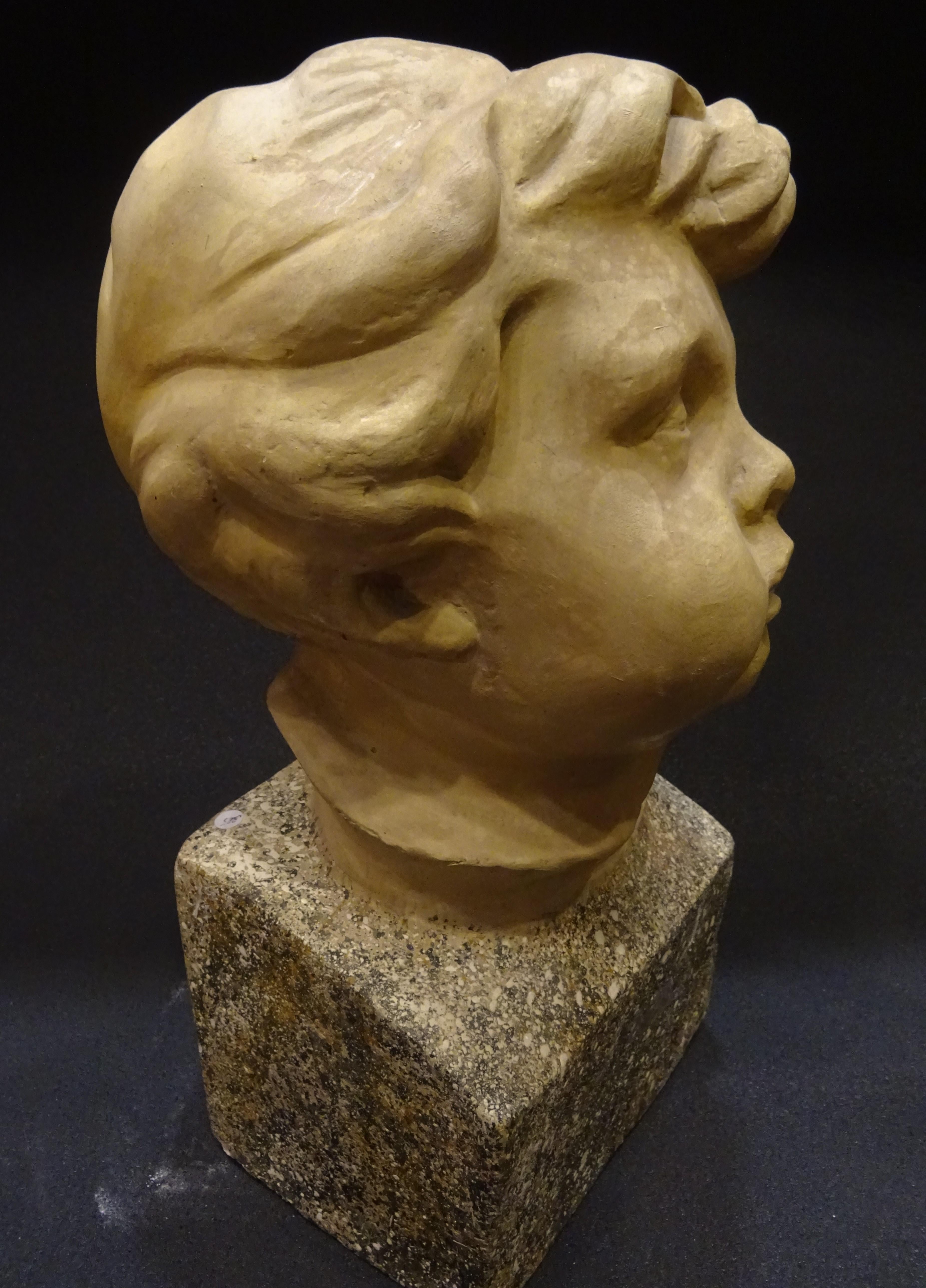 Art Nouveau French School Plaster Carved Child Bust with Base Imitating Stone 9