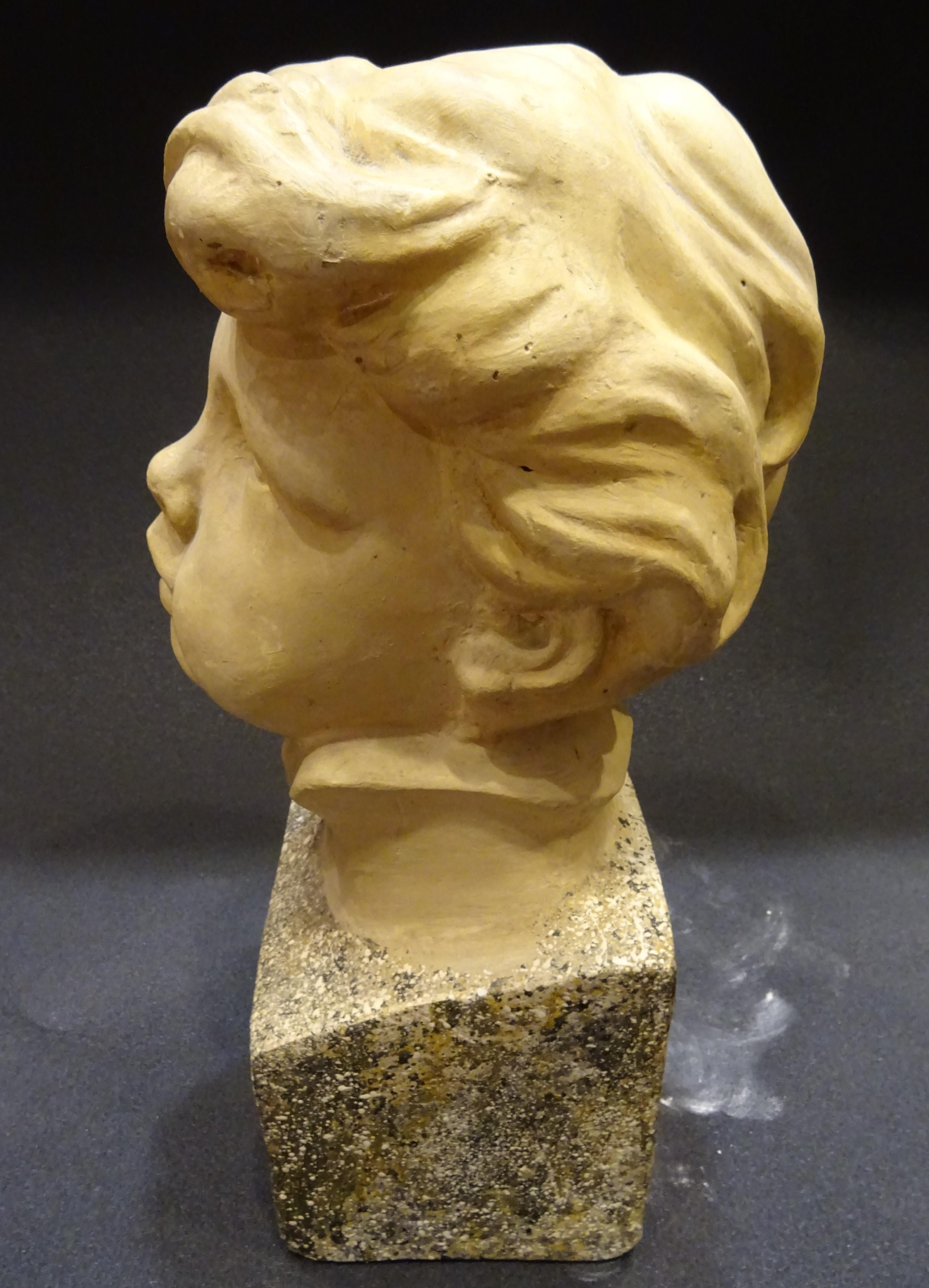 Art Nouveau French School Plaster Carved Child Bust with Base Imitating Stone 10