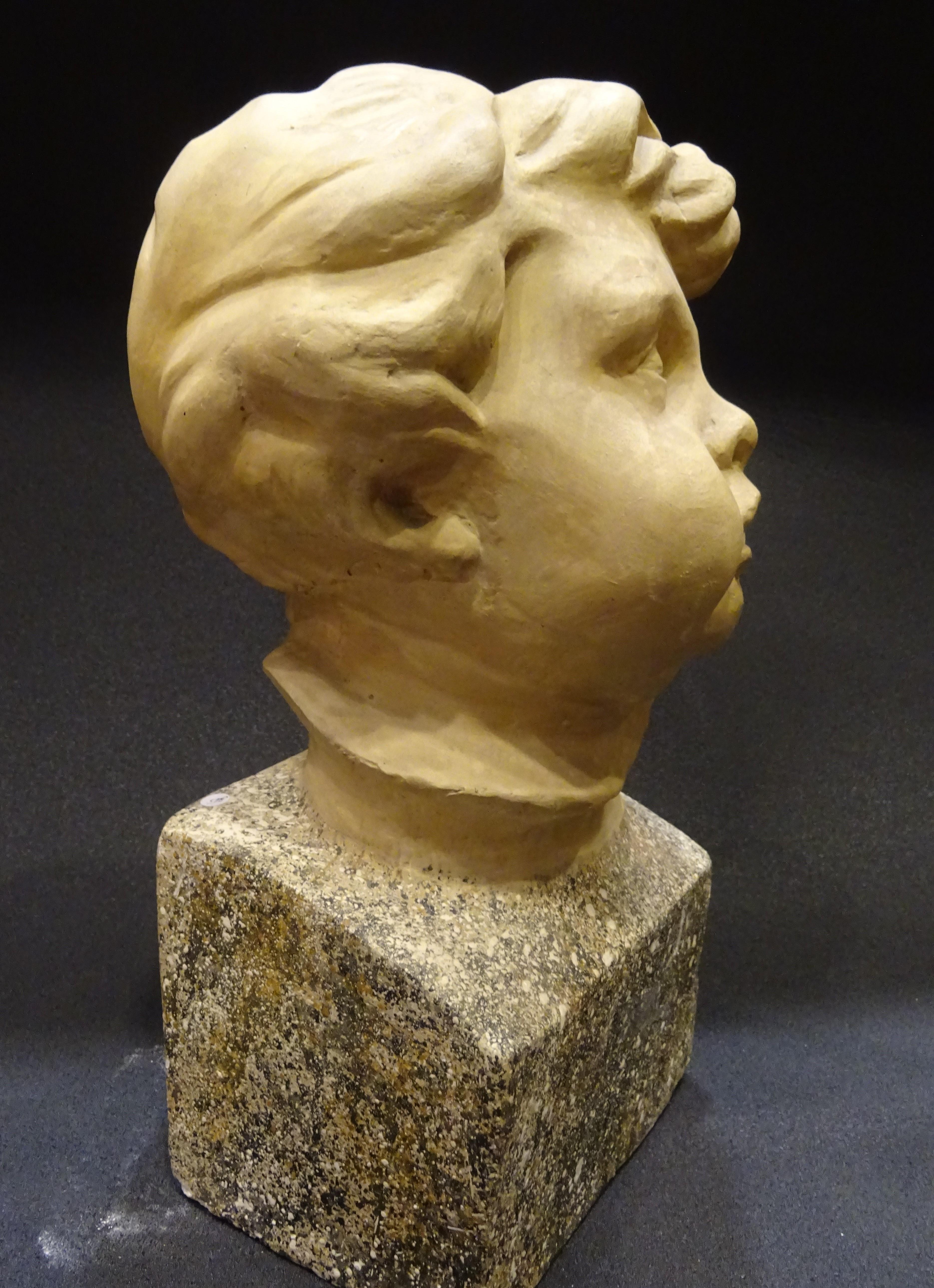 Art Nouveau French School Plaster Carved Child Bust with Base Imitating Stone 3