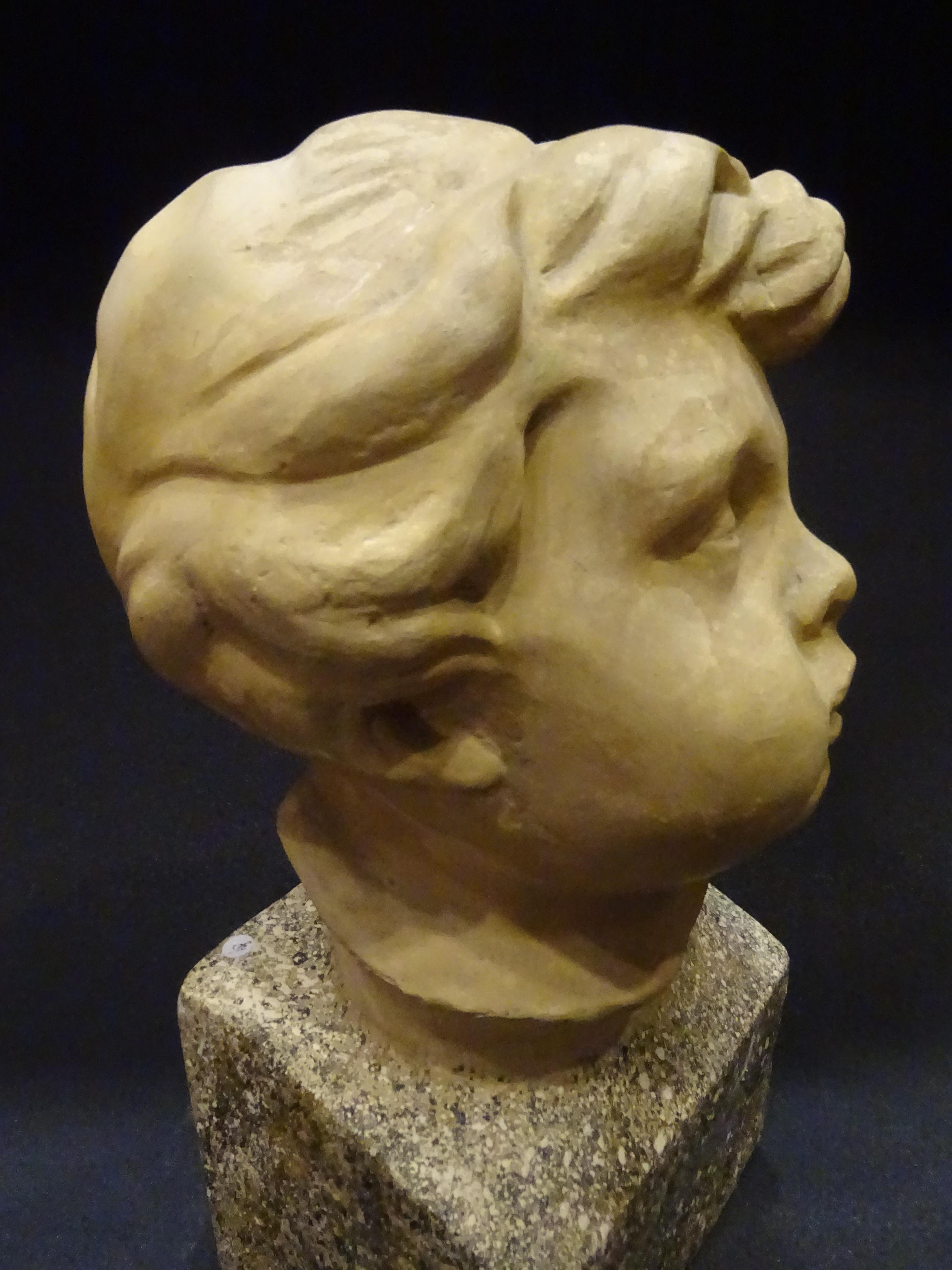 Art Nouveau French School Plaster Carved Child Bust with Base Imitating Stone 4